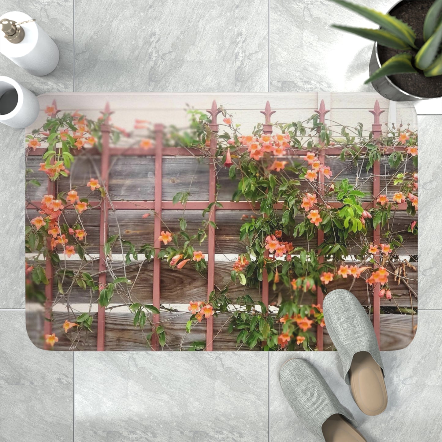 Memory Foam Bath Mat | Flowers On A Rugged Fence | High Bloom Collection | Life By Ortavia