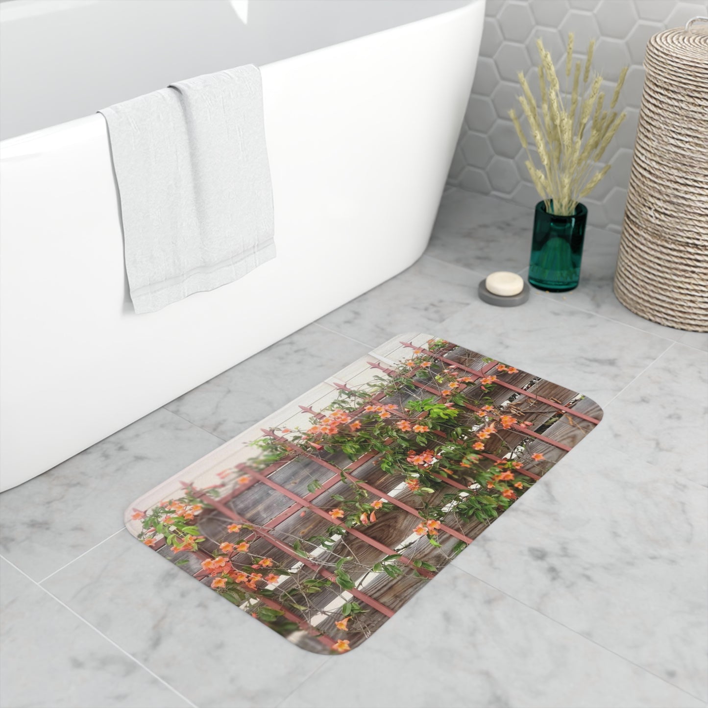 Memory Foam Bath Mat | Flowers On A Rugged Fence | High Bloom Collection | Life By Ortavia