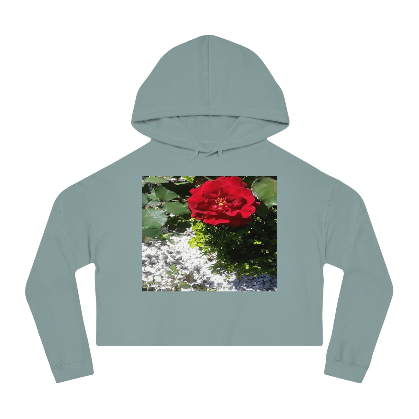 Women’s Cropped Hooded Sweatshirt with Europeana Red Rose Signature Print