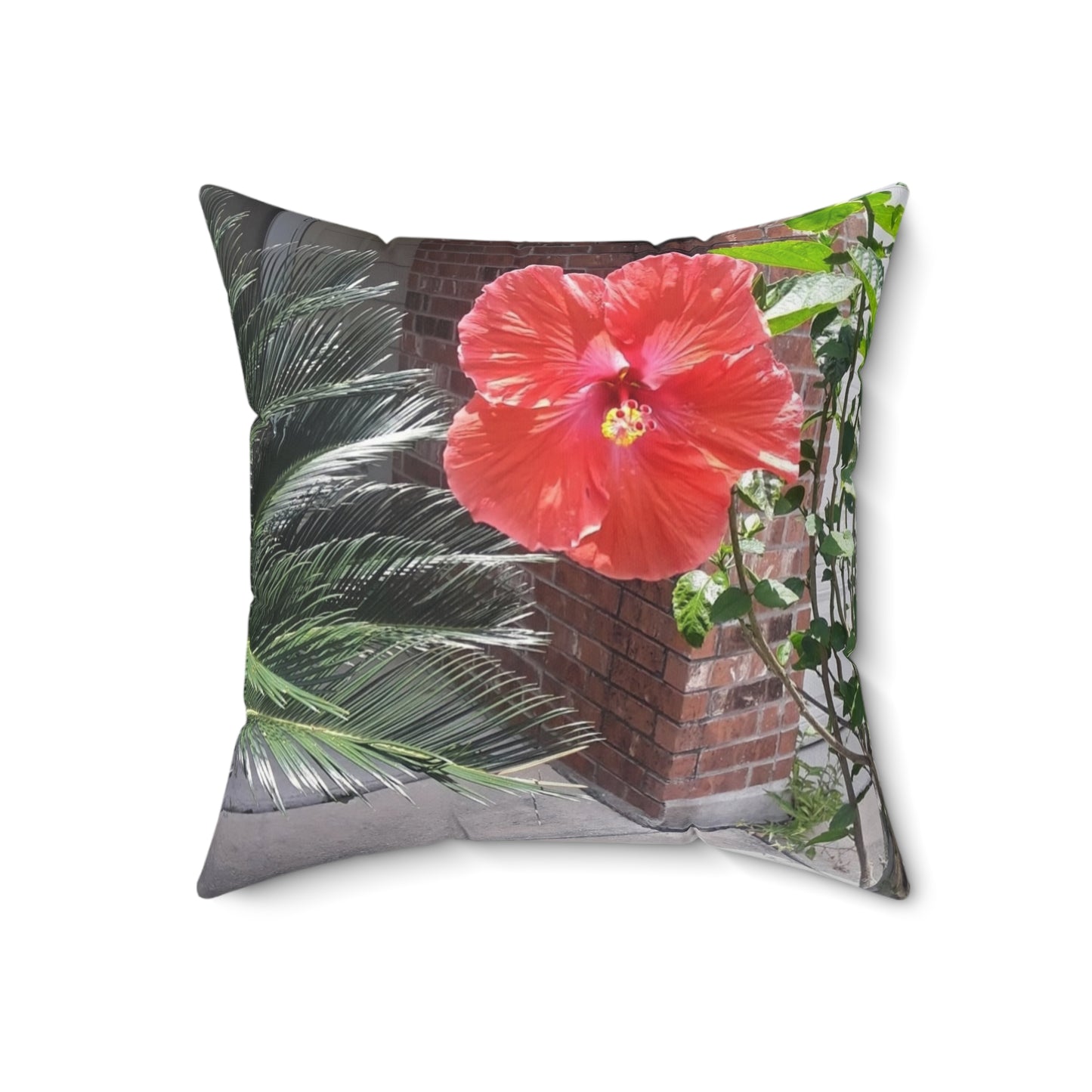 Spun Polyester Square Couch Pillow with Tropical Peach Flower Design