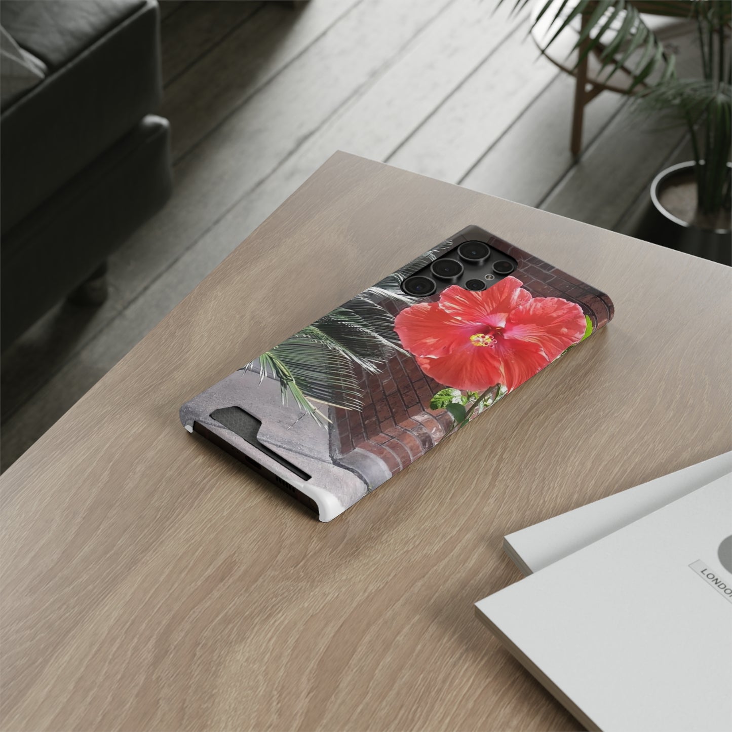 Phone Case With Card Holder with Peach Hibiscus Flower Design