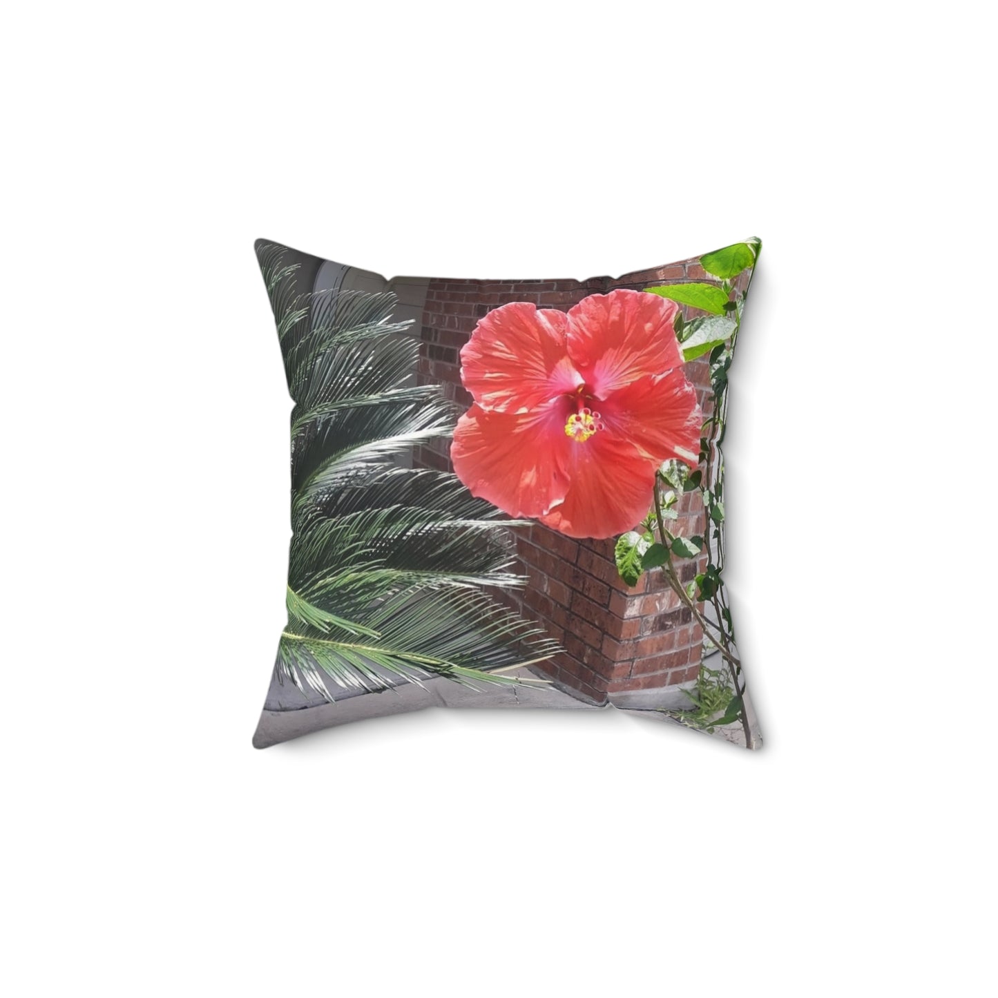 Spun Polyester Square Couch Pillow with Tropical Peach Flower Design