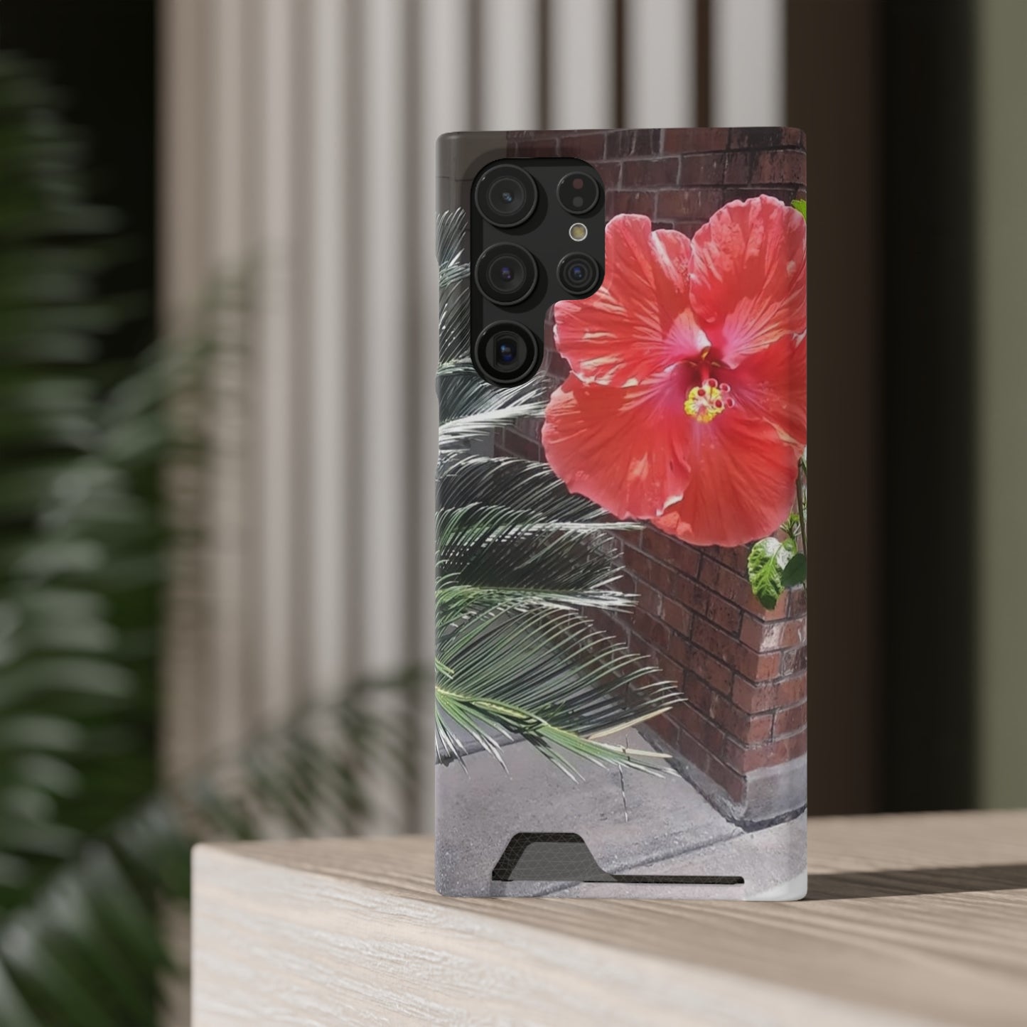 Phone Case With Card Holder with Peach Hibiscus Flower Design
