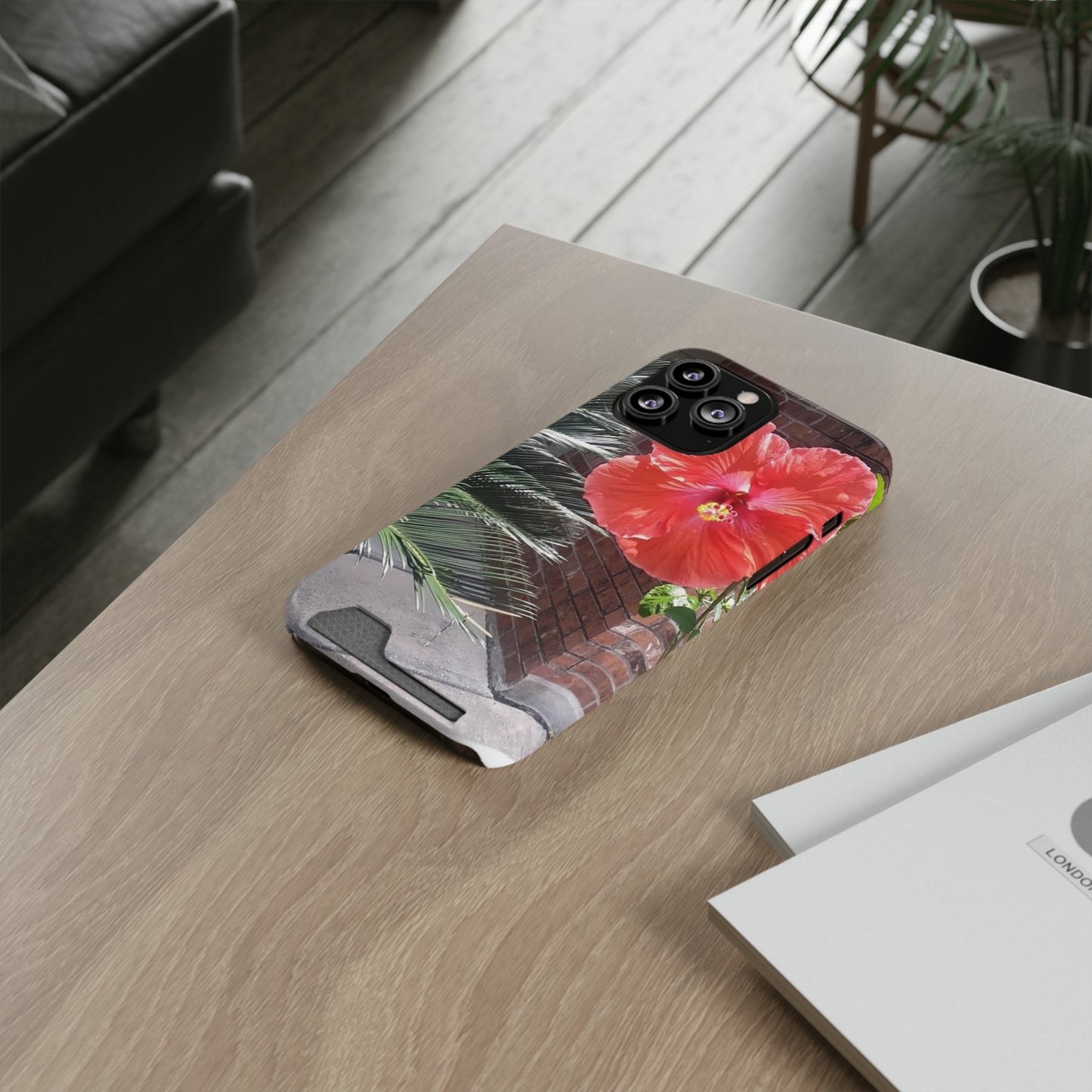 Phone Case With Card Holder with Peach Hibiscus Flower Design