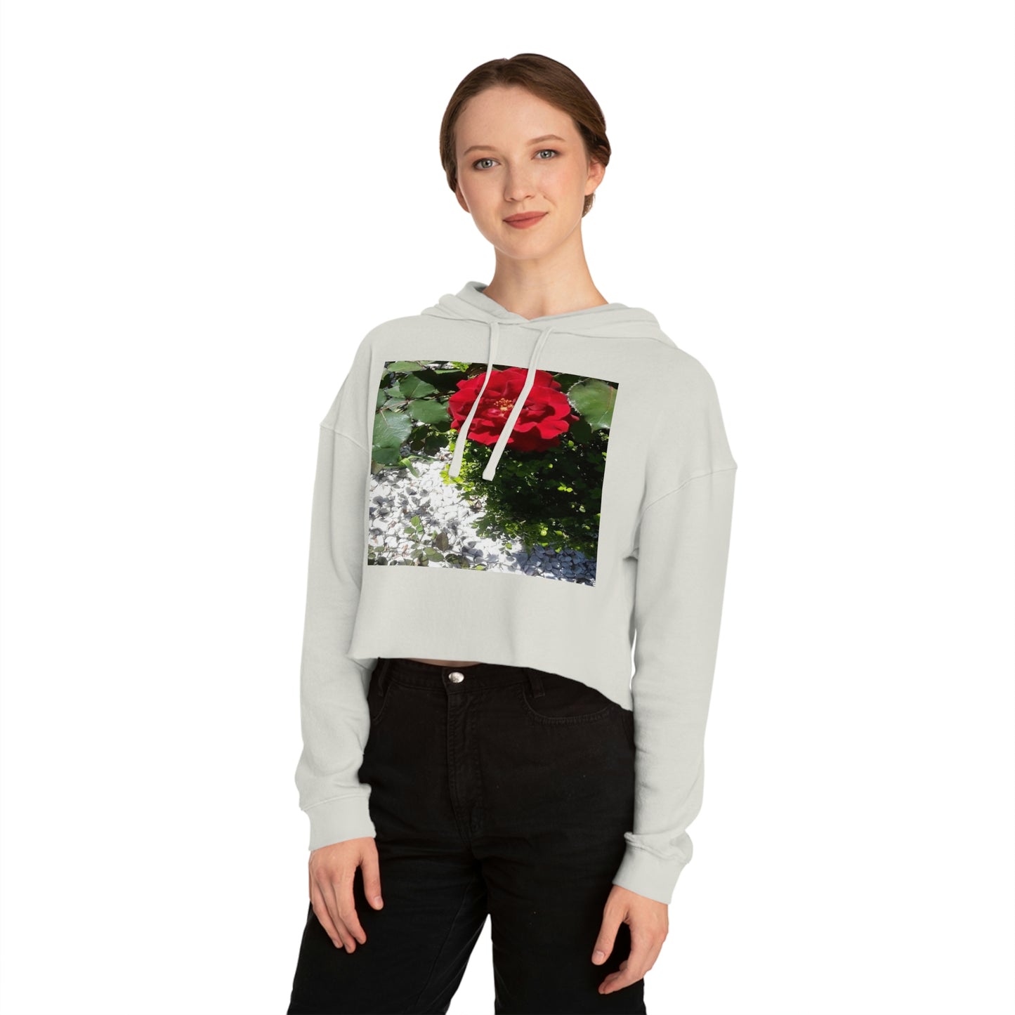 Women’s Cropped Hooded Sweatshirt with Europeana Red Rose Signature Print