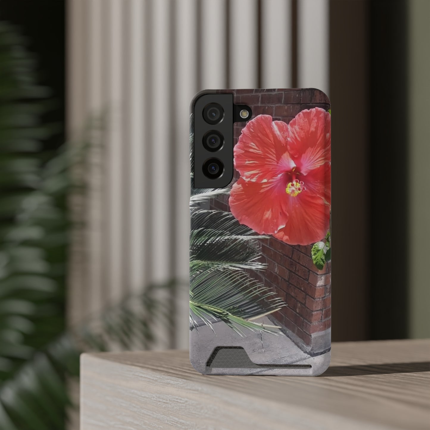 Phone Case With Card Holder with Peach Hibiscus Flower Design