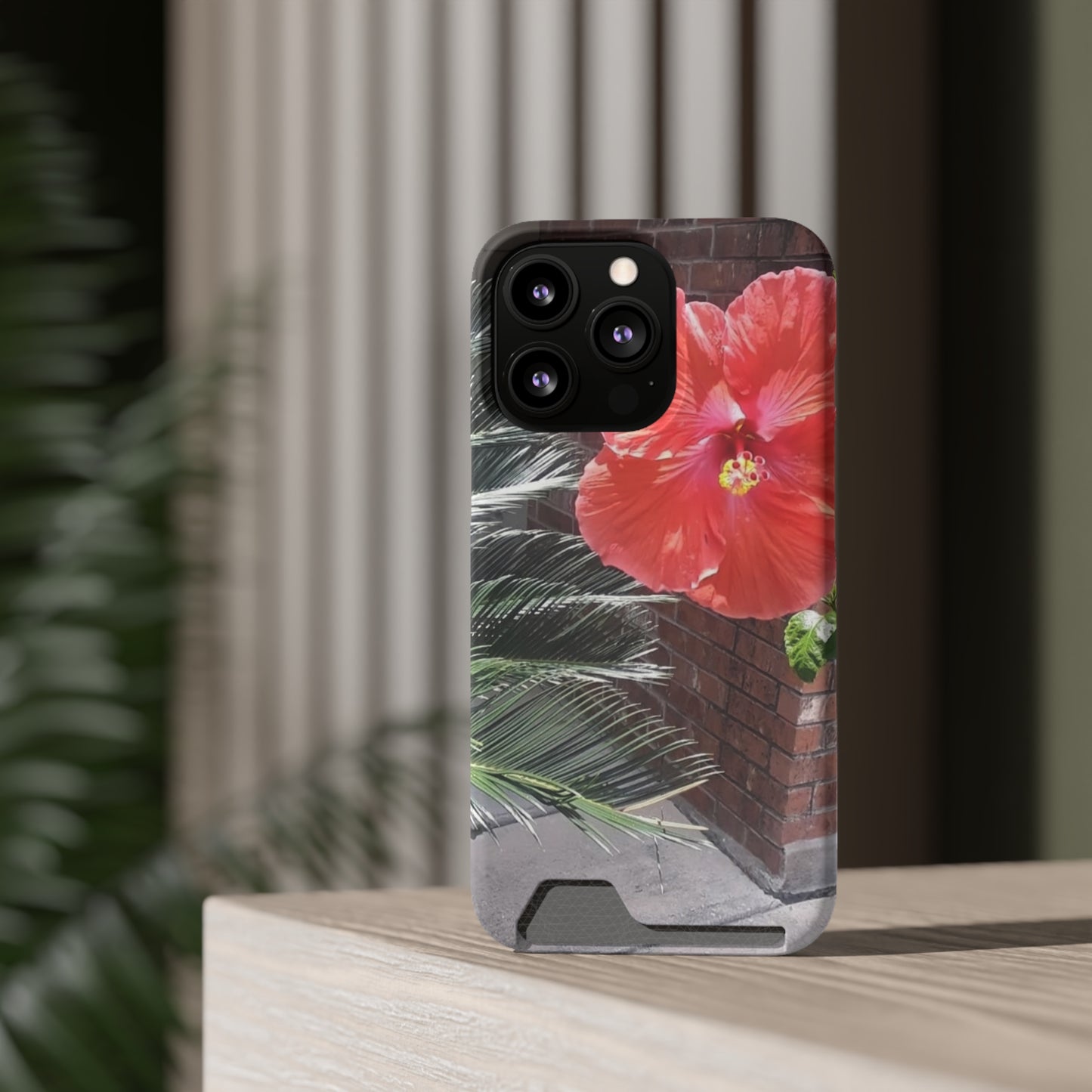 Phone Case With Card Holder with Peach Hibiscus Flower Design