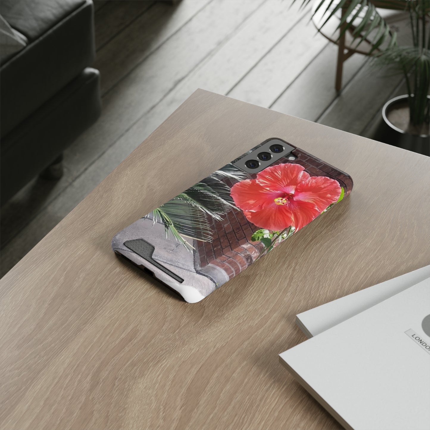 Phone Case With Card Holder with Peach Hibiscus Flower Design