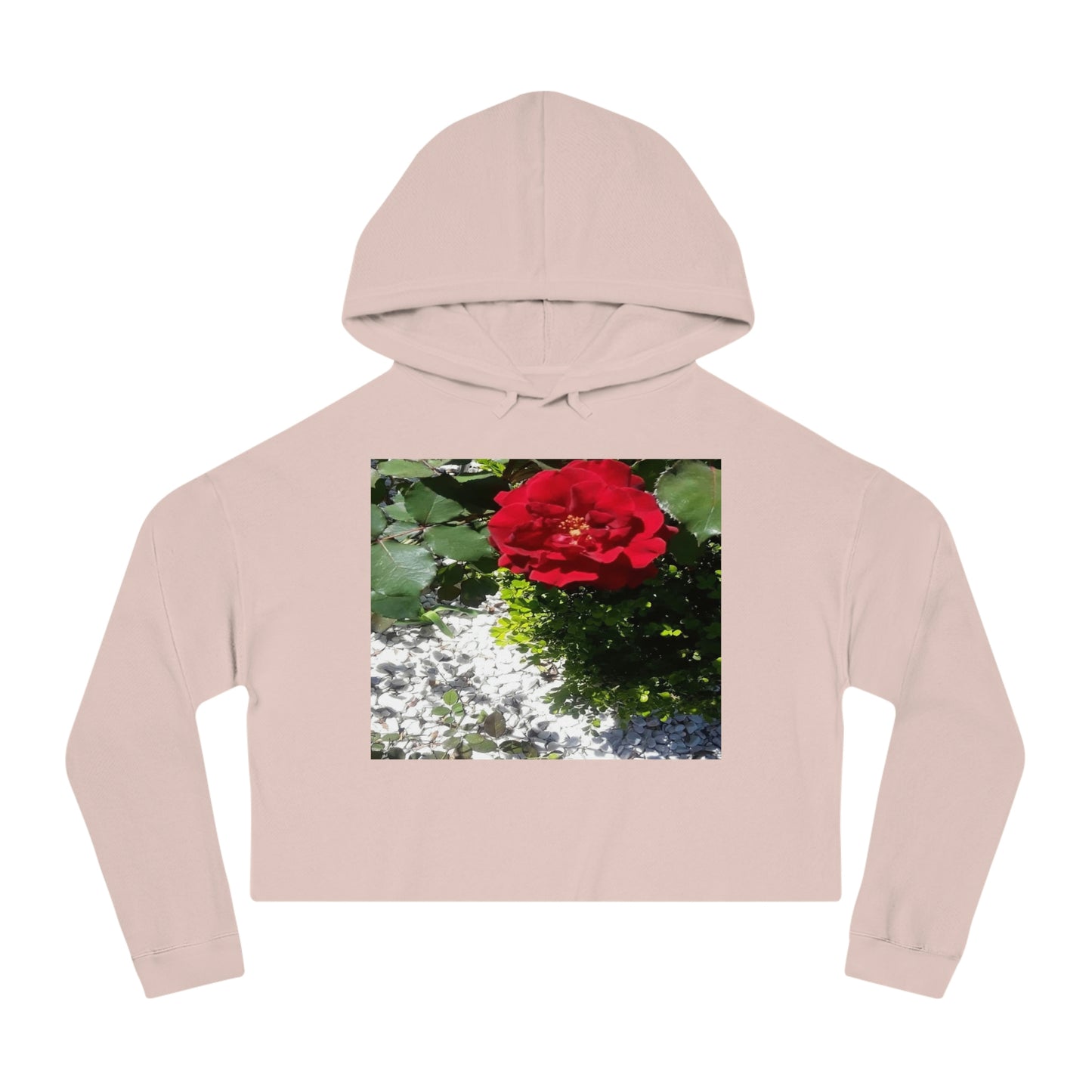 Women’s Cropped Hooded Sweatshirt with Europeana Red Rose Signature Print