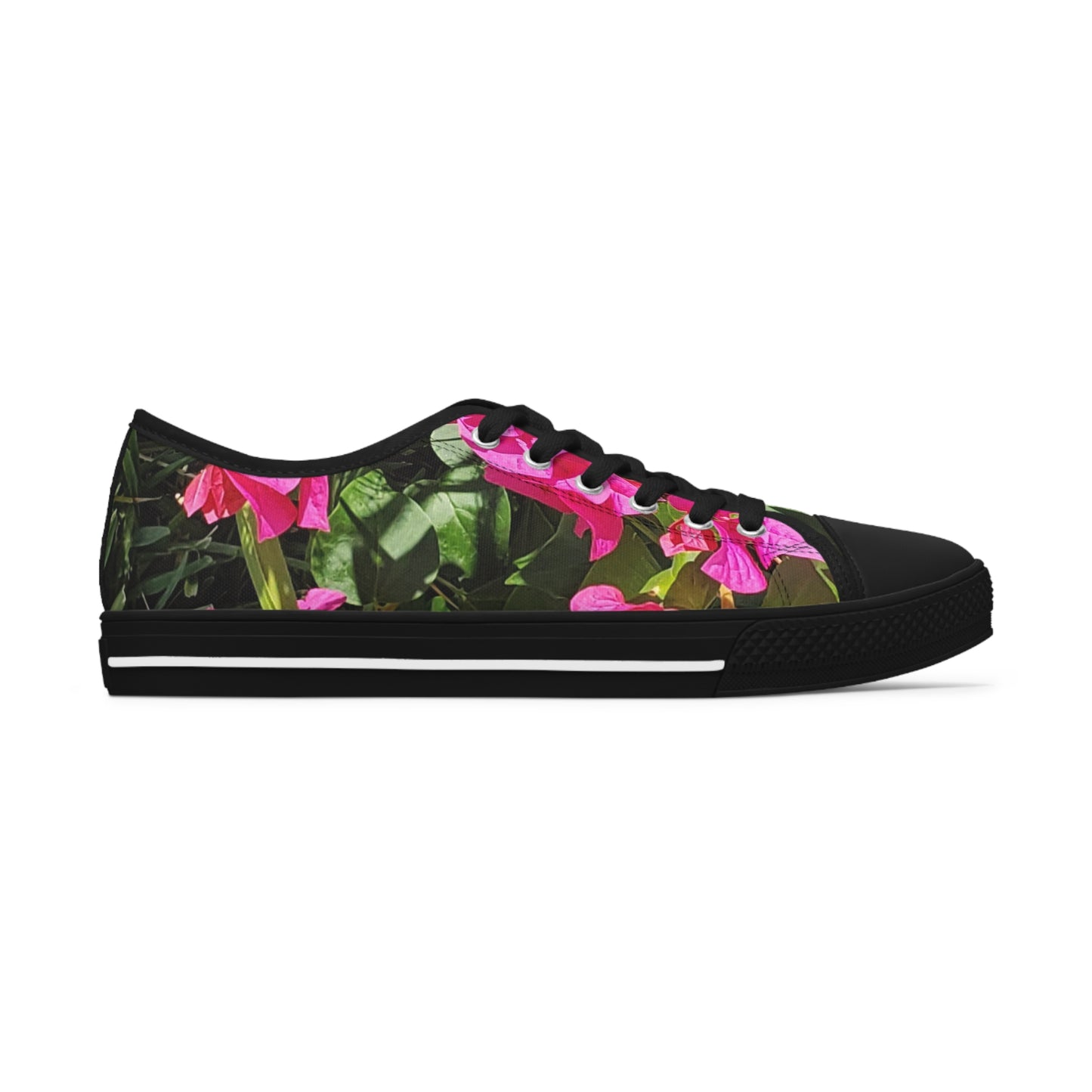 Women's Black Low Top Sneakers with Hot Pink Bougainvillea Design