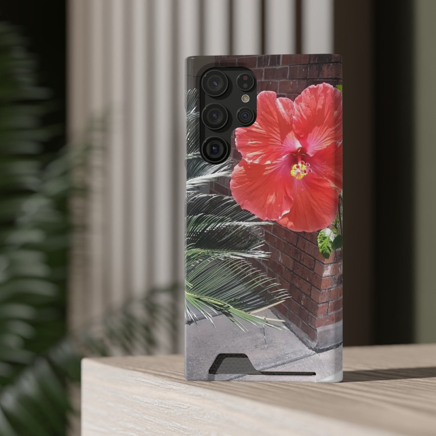 Phone Case With Card Holder with Peach Hibiscus Flower Design
