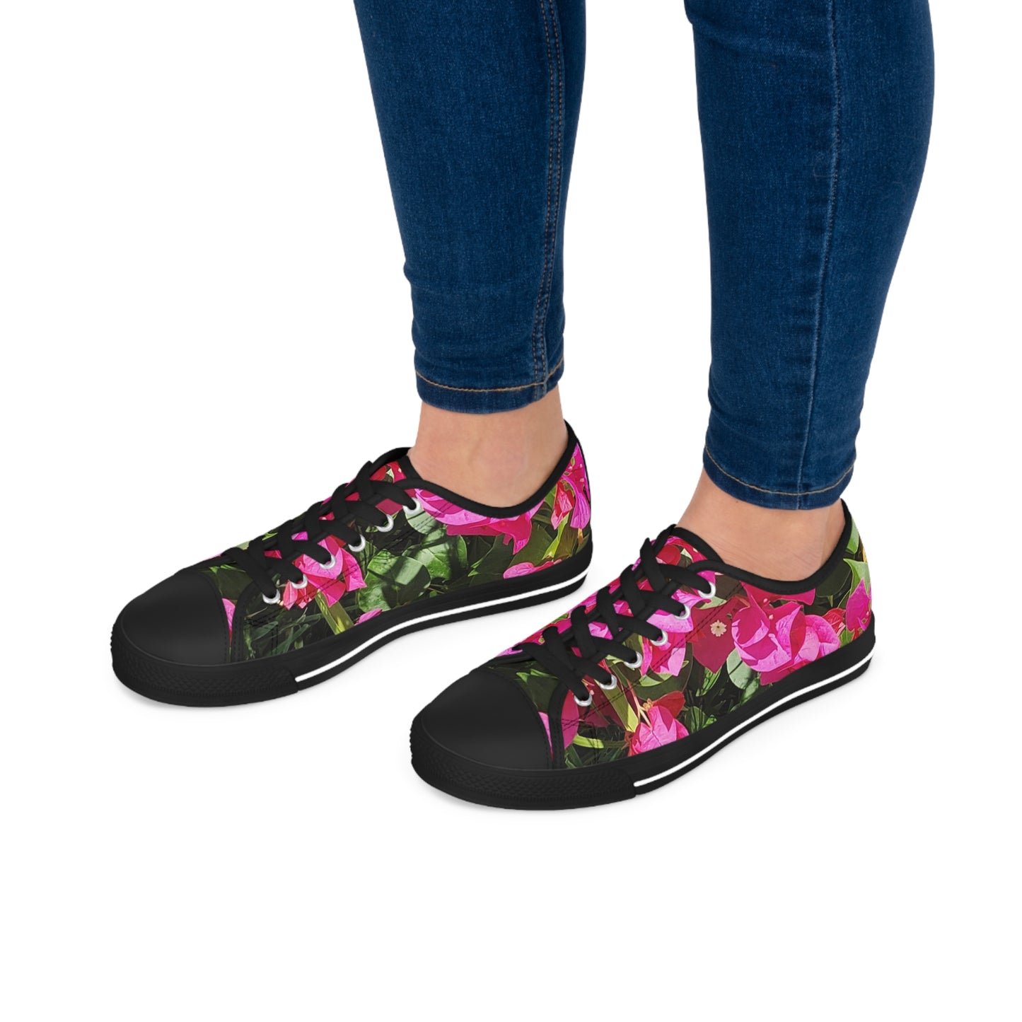 Women's Black Low Top Sneakers with Hot Pink Bougainvillea Design