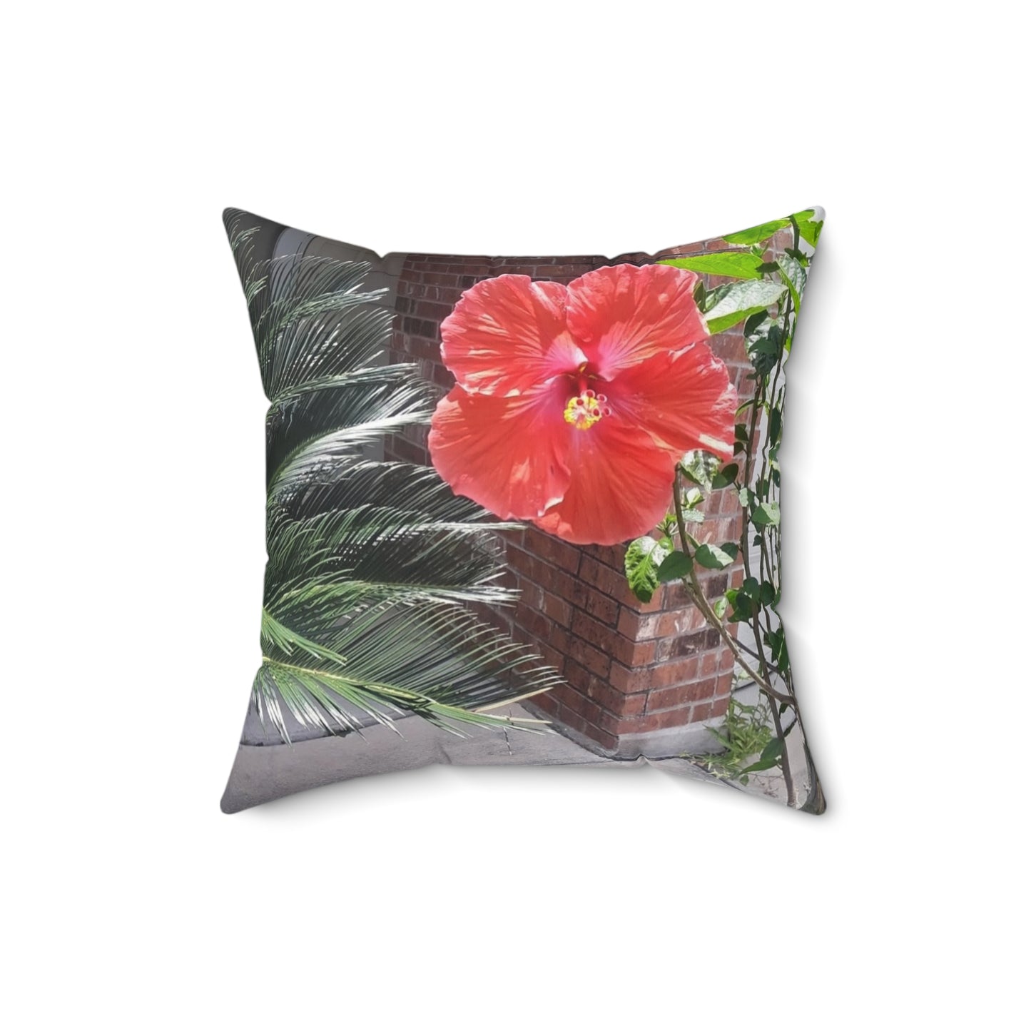 Spun Polyester Square Couch Pillow with Tropical Peach Flower Design