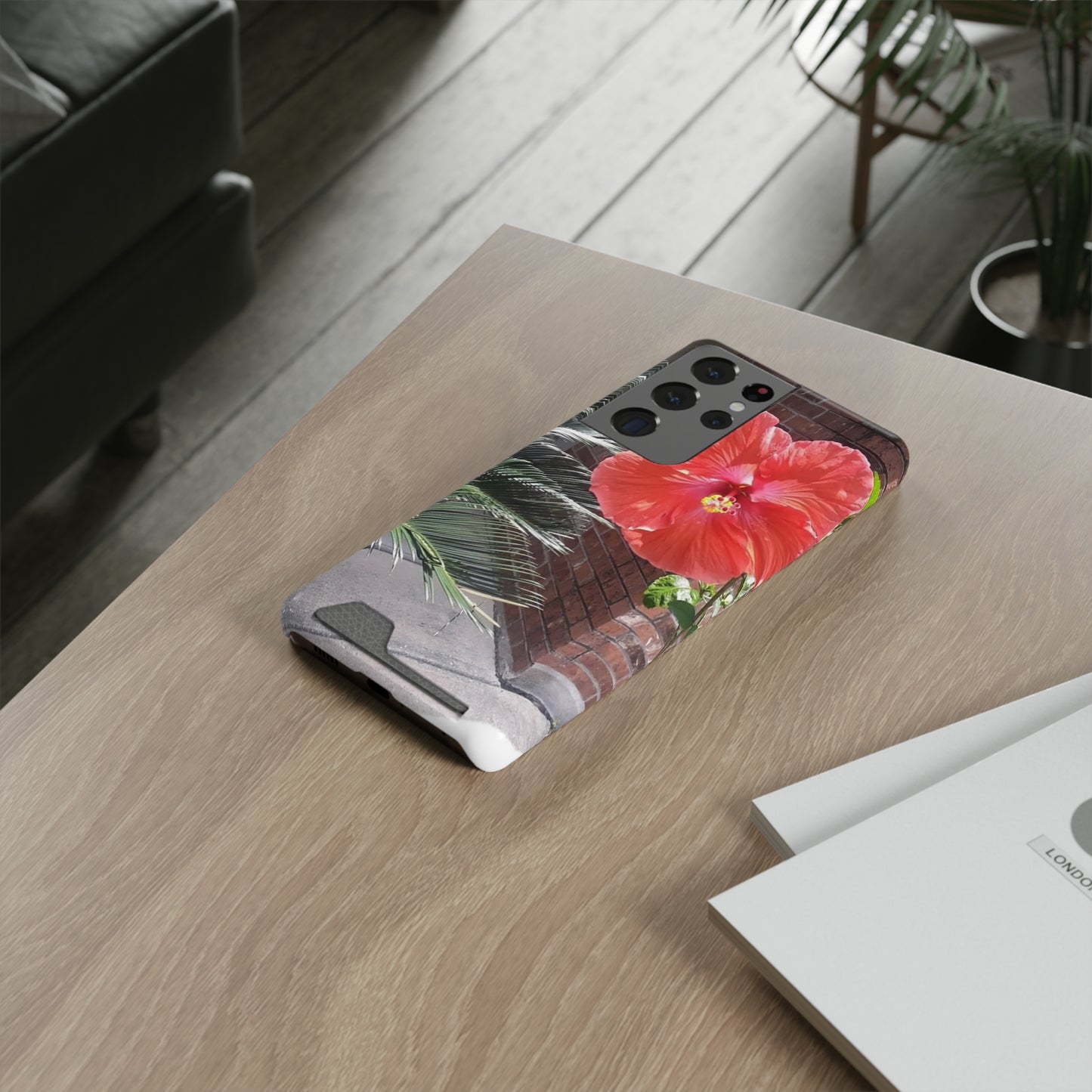 Phone Case With Card Holder with Peach Hibiscus Flower Design