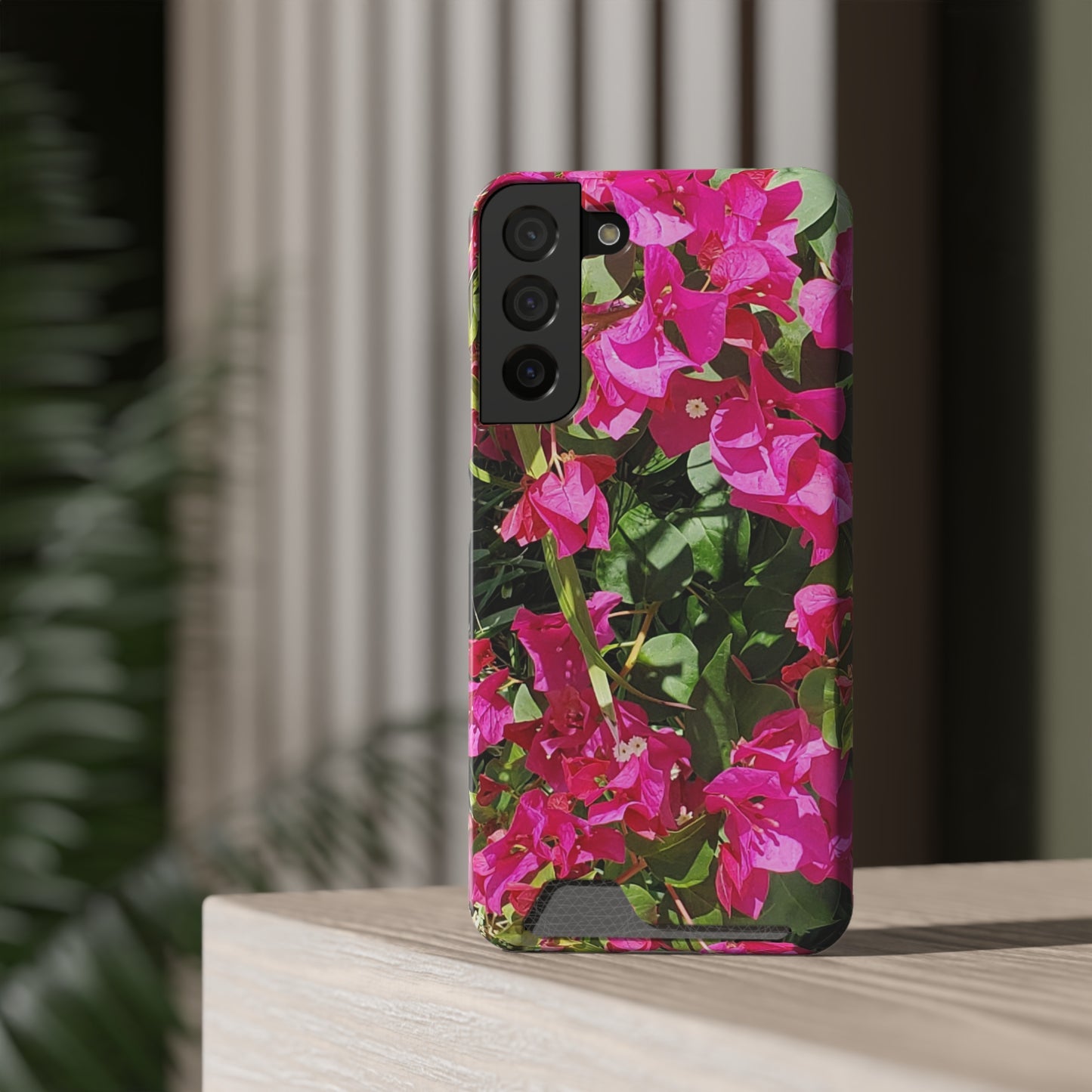Phone Case With Card Holder with Hot Pink Bougainvillea Design