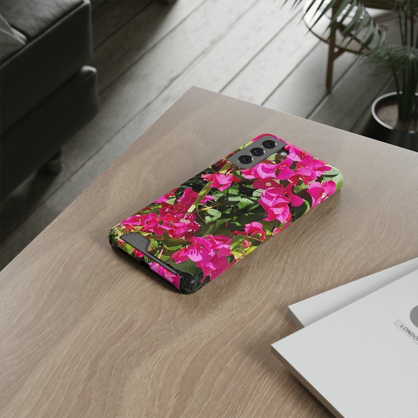 Phone Case With Card Holder with Hot Pink Bougainvillea Design