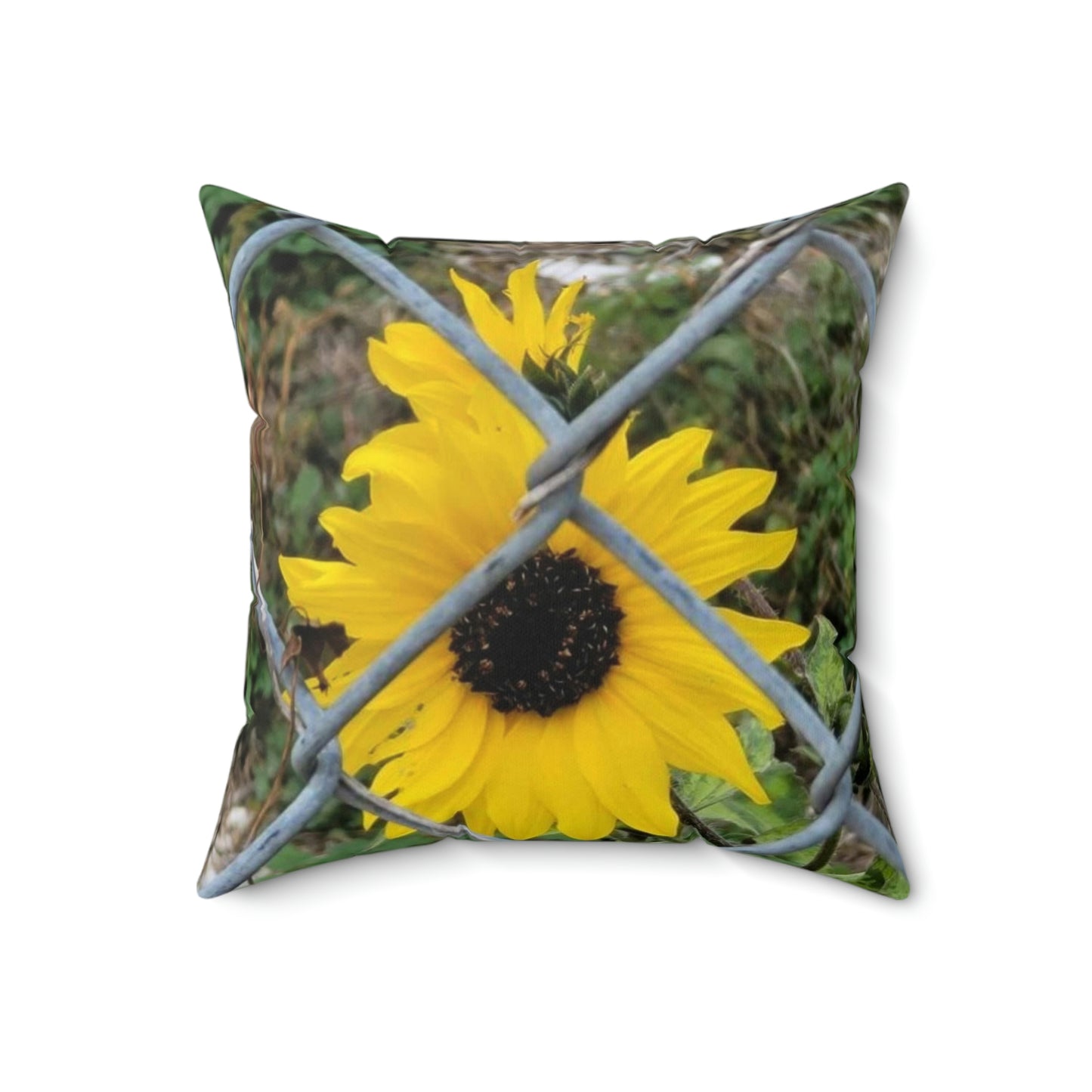 Spun Polyester Square Pillow with Sunflower Behind A Fence Design