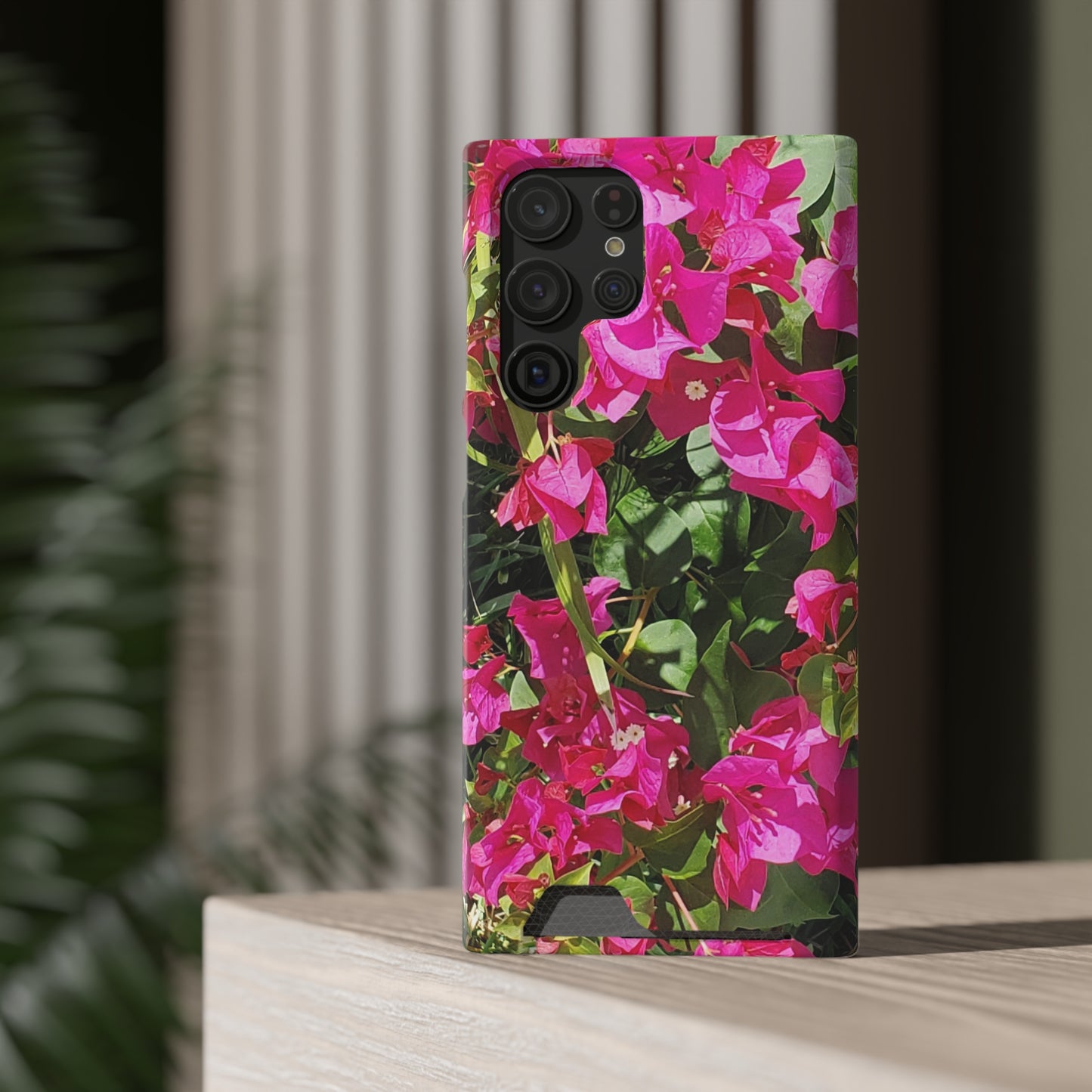 Phone Case With Card Holder with Hot Pink Bougainvillea Design
