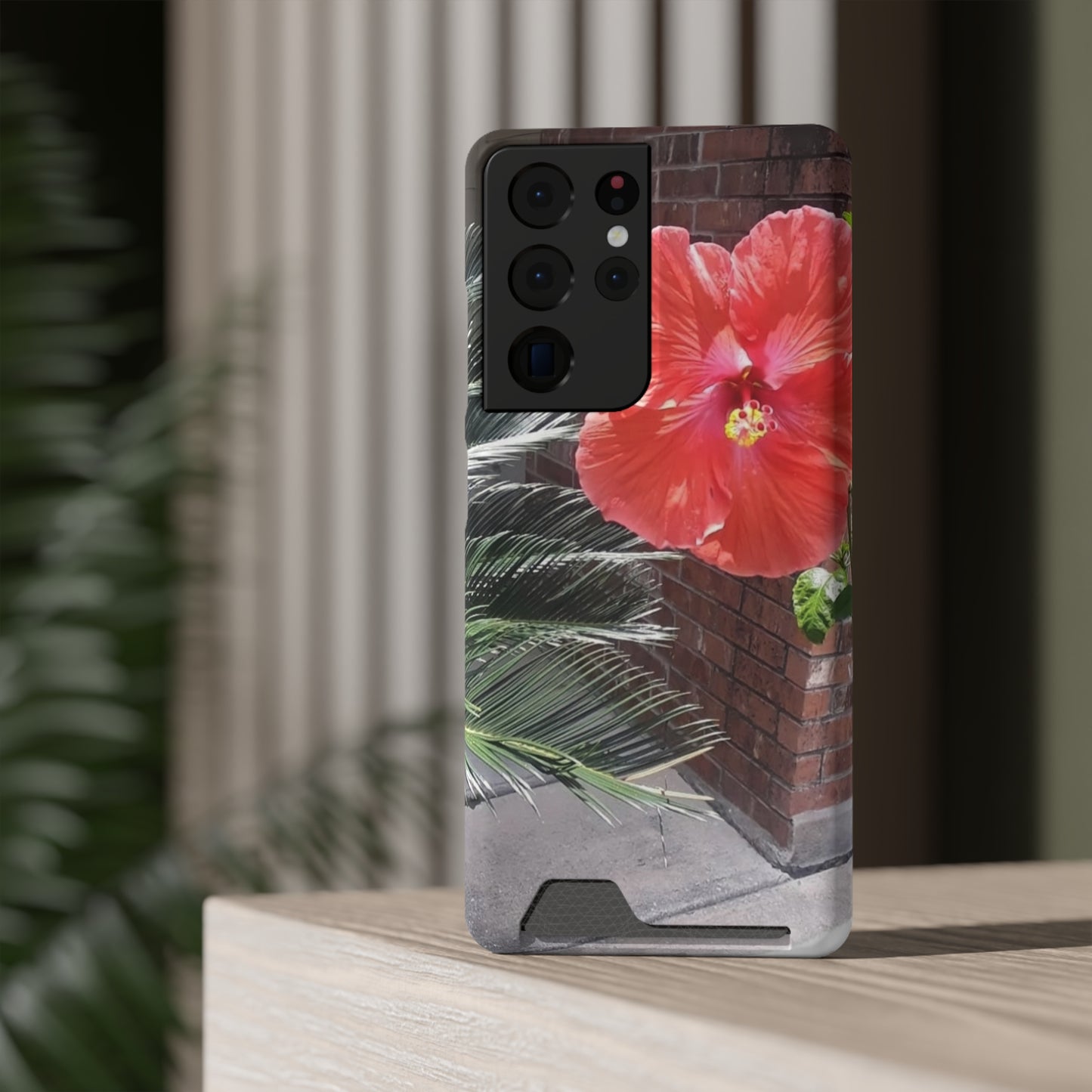 Phone Case With Card Holder with Peach Hibiscus Flower Design