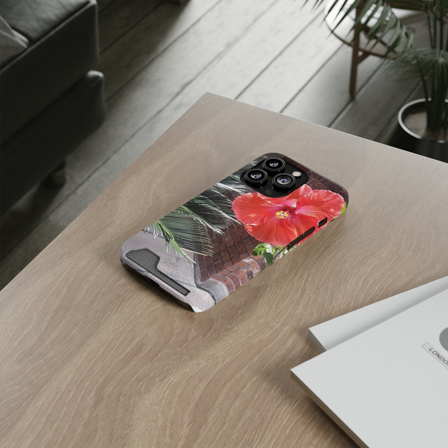 Phone Case With Card Holder with Peach Hibiscus Flower Design
