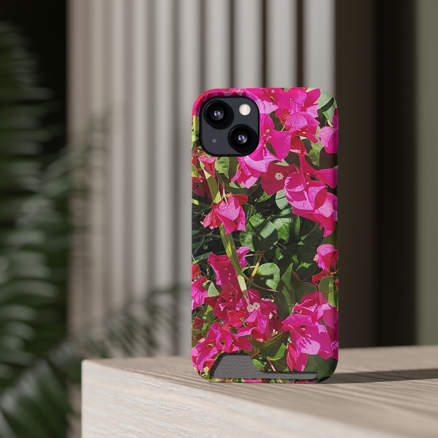 Phone Case With Card Holder with Hot Pink Bougainvillea Design