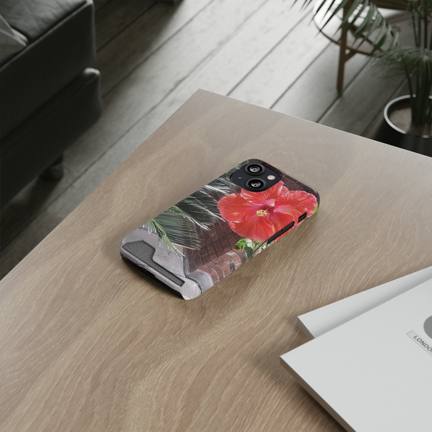 Phone Case With Card Holder with Peach Hibiscus Flower Design