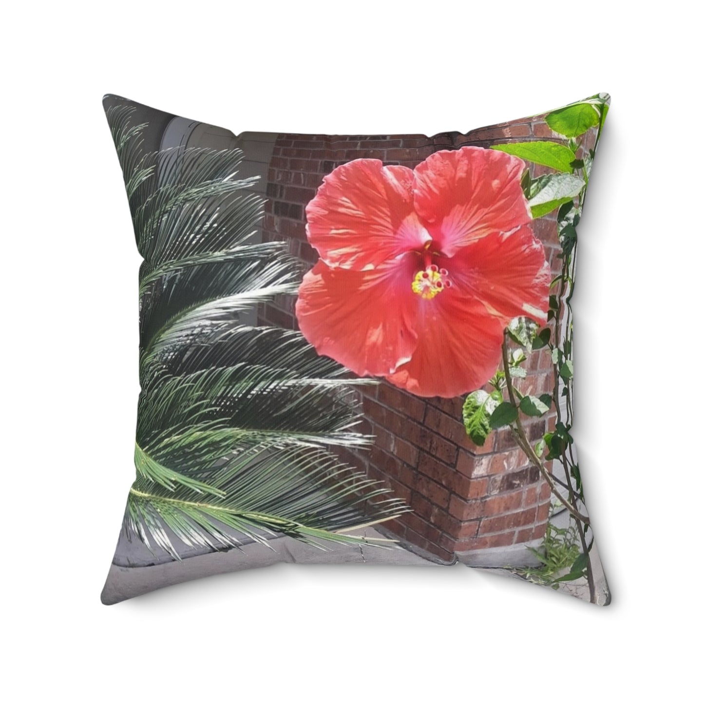 Spun Polyester Square Couch Pillow with Tropical Peach Flower Design