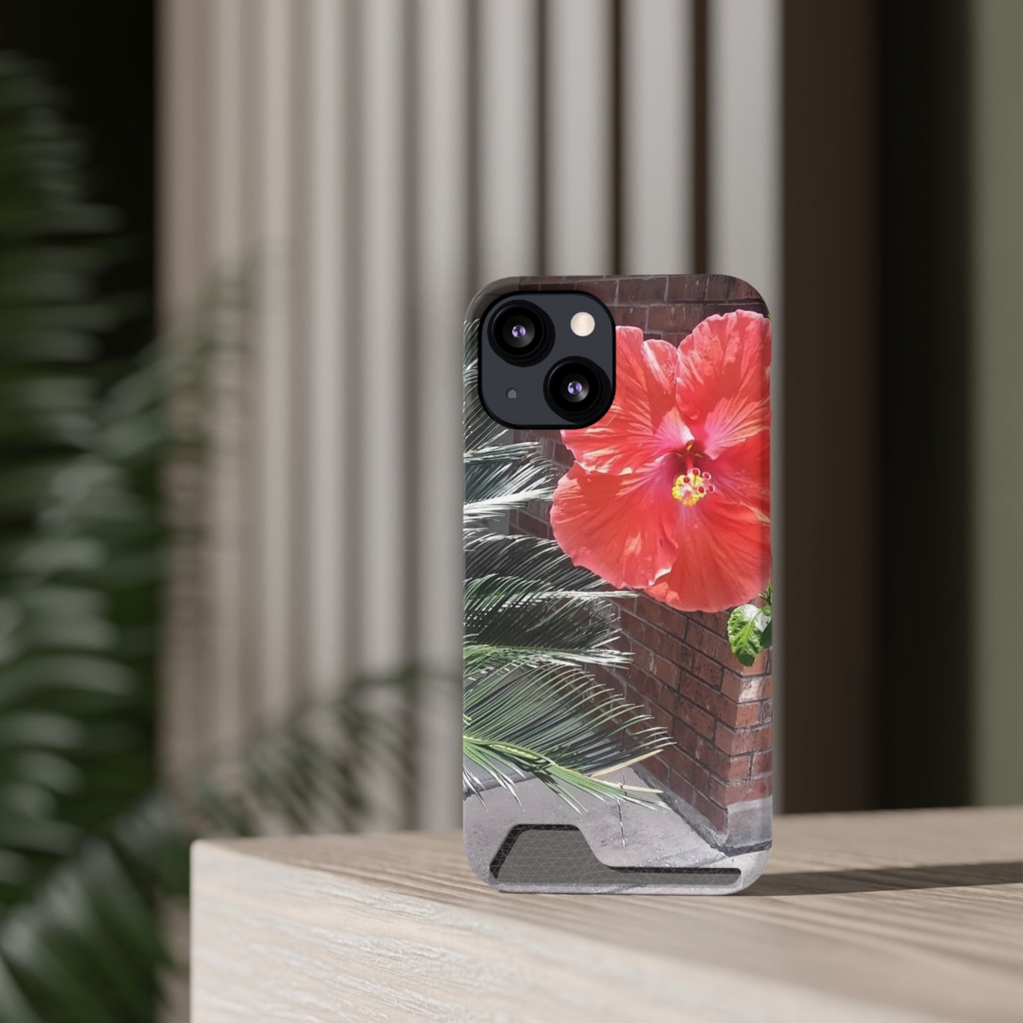 Phone Case With Card Holder with Peach Hibiscus Flower Design