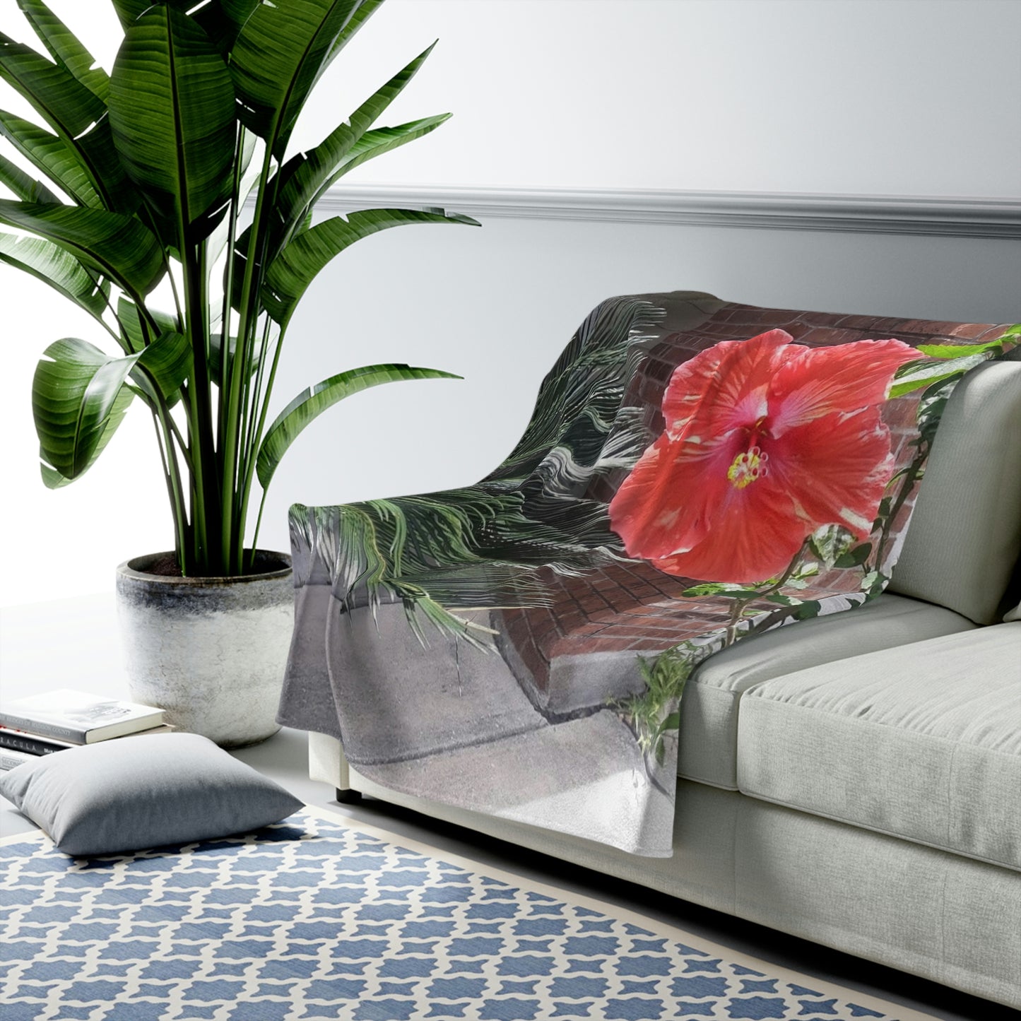 Velveteen Plush Blanket with Peach Hibiscus Flower Design