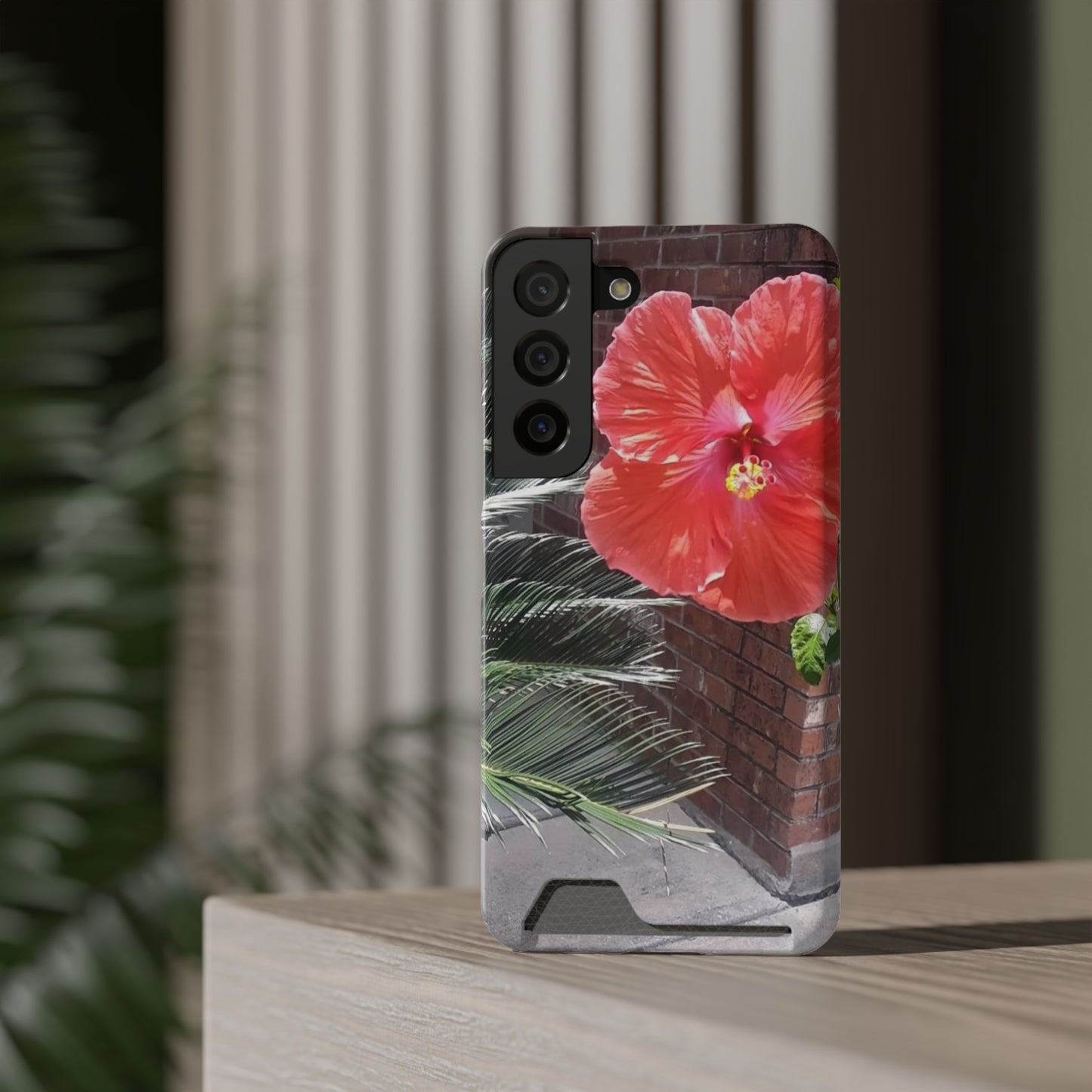 Phone Case With Card Holder with Peach Hibiscus Flower Design