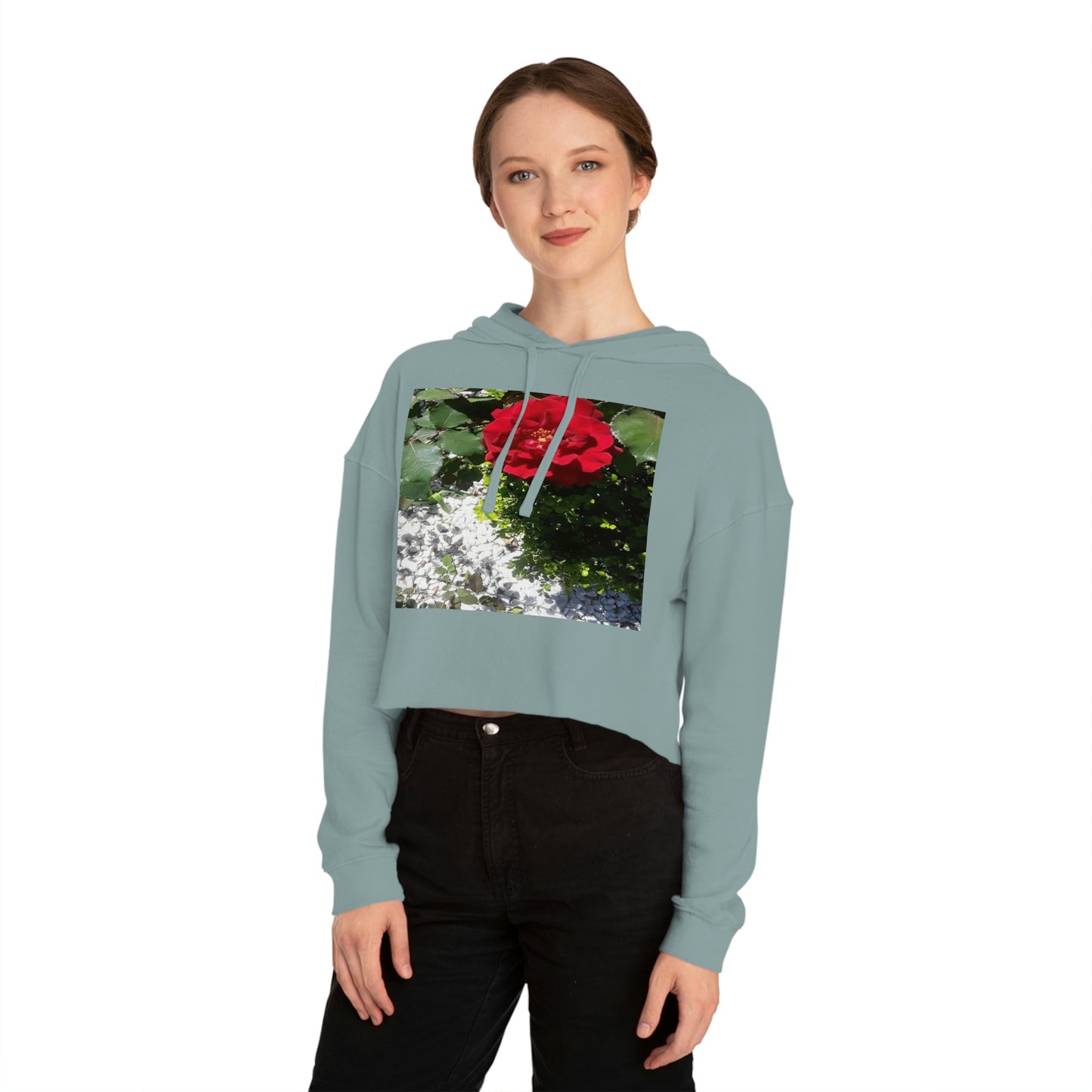 Women’s Cropped Hooded Sweatshirt with Europeana Red Rose Signature Print
