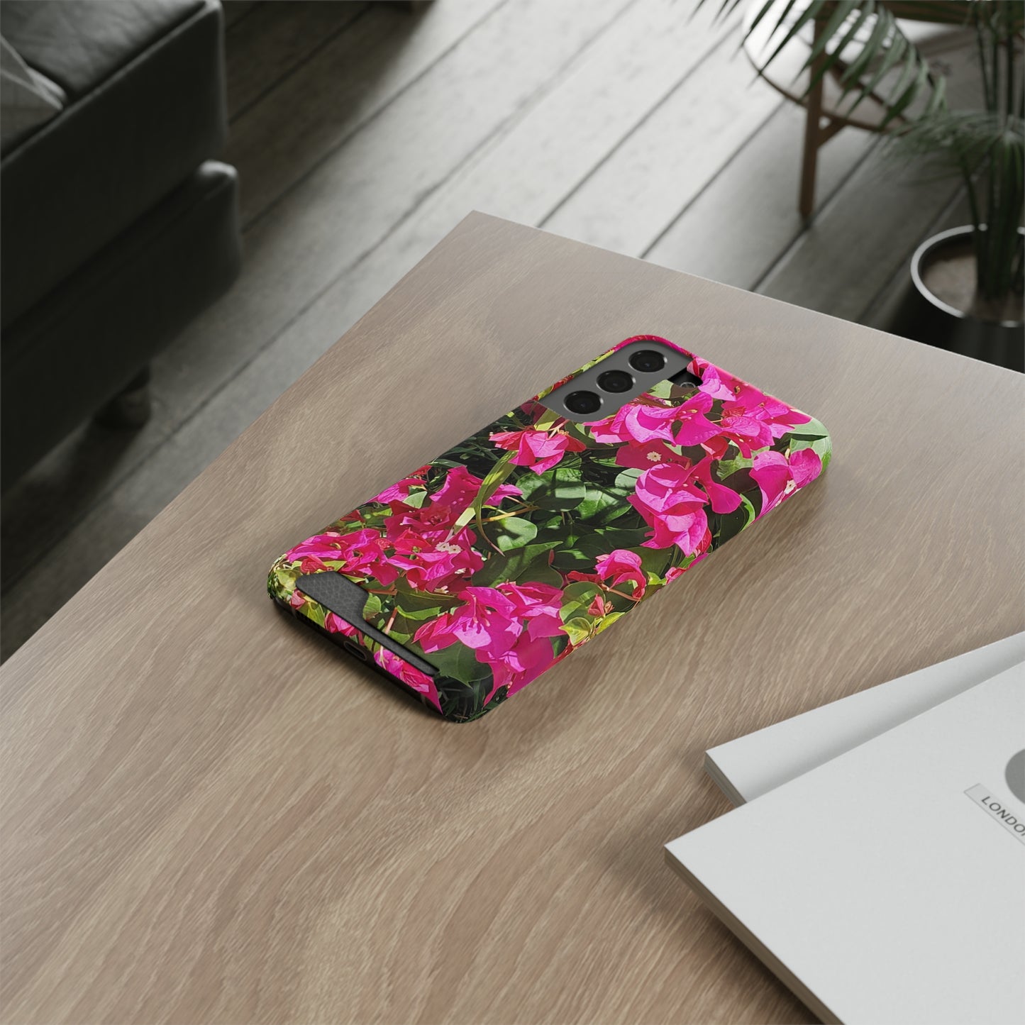 Phone Case With Card Holder with Hot Pink Bougainvillea Design