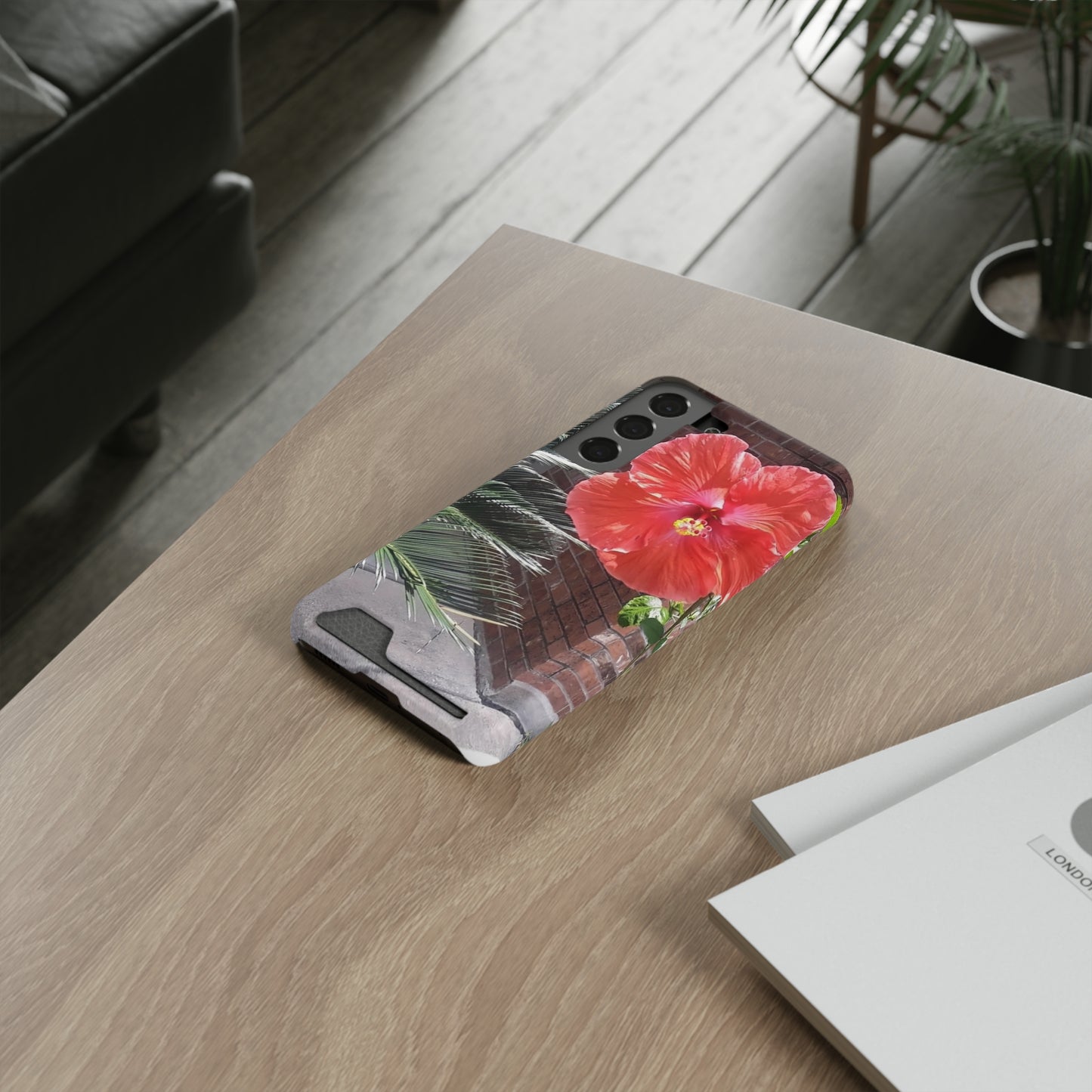Phone Case With Card Holder with Peach Hibiscus Flower Design