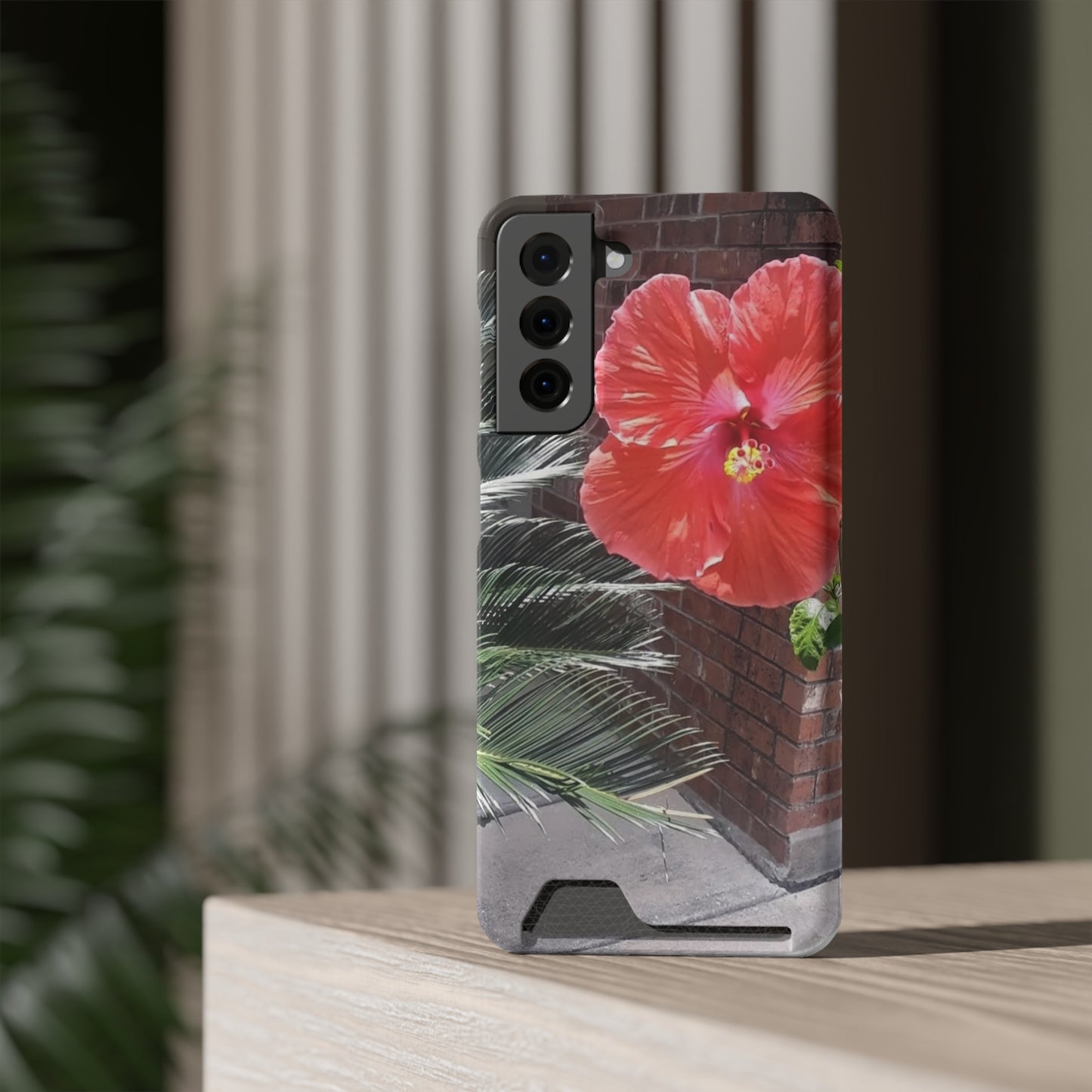 Phone Case With Card Holder with Peach Hibiscus Flower Design