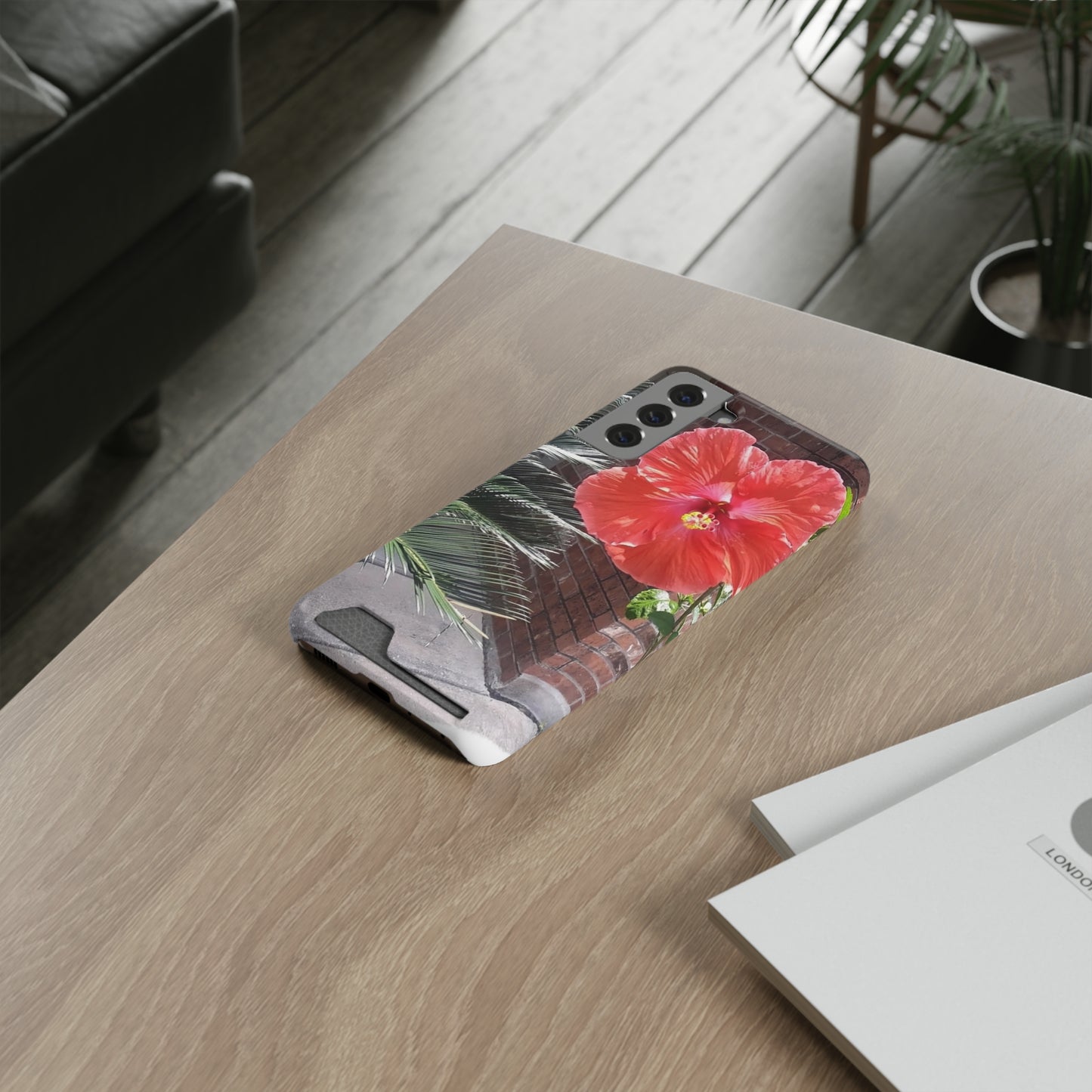 Phone Case With Card Holder with Peach Hibiscus Flower Design