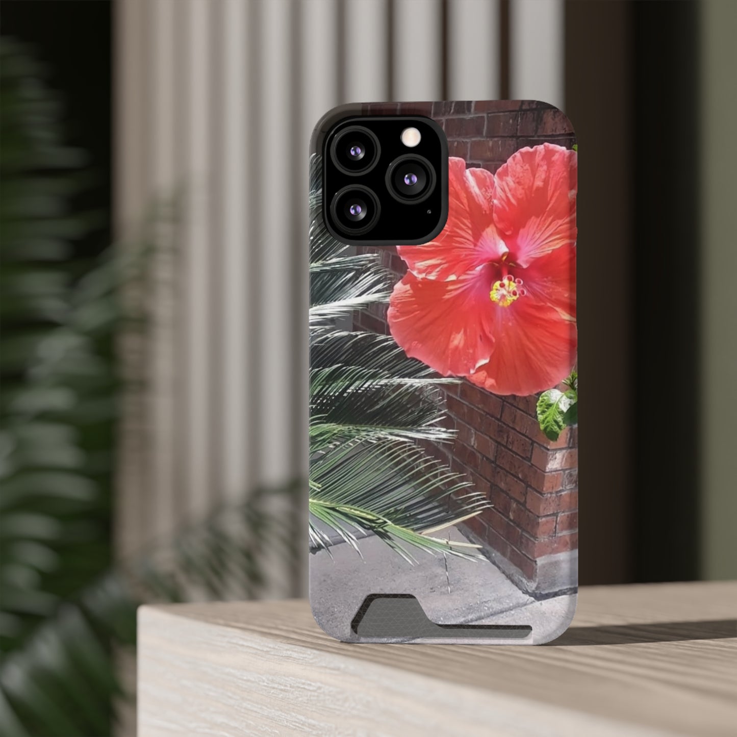 Phone Case With Card Holder with Peach Hibiscus Flower Design