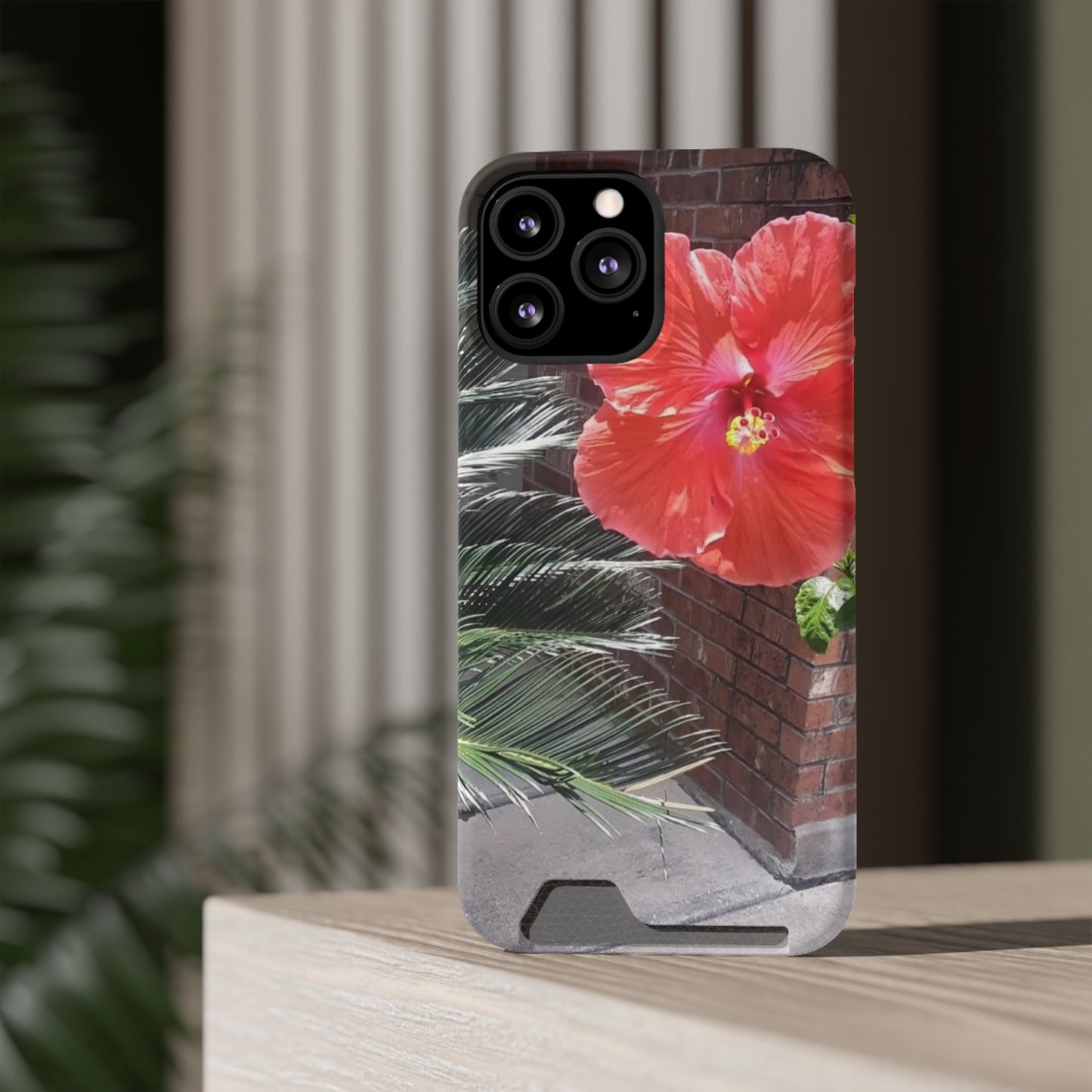 Phone Case With Card Holder with Peach Hibiscus Flower Design