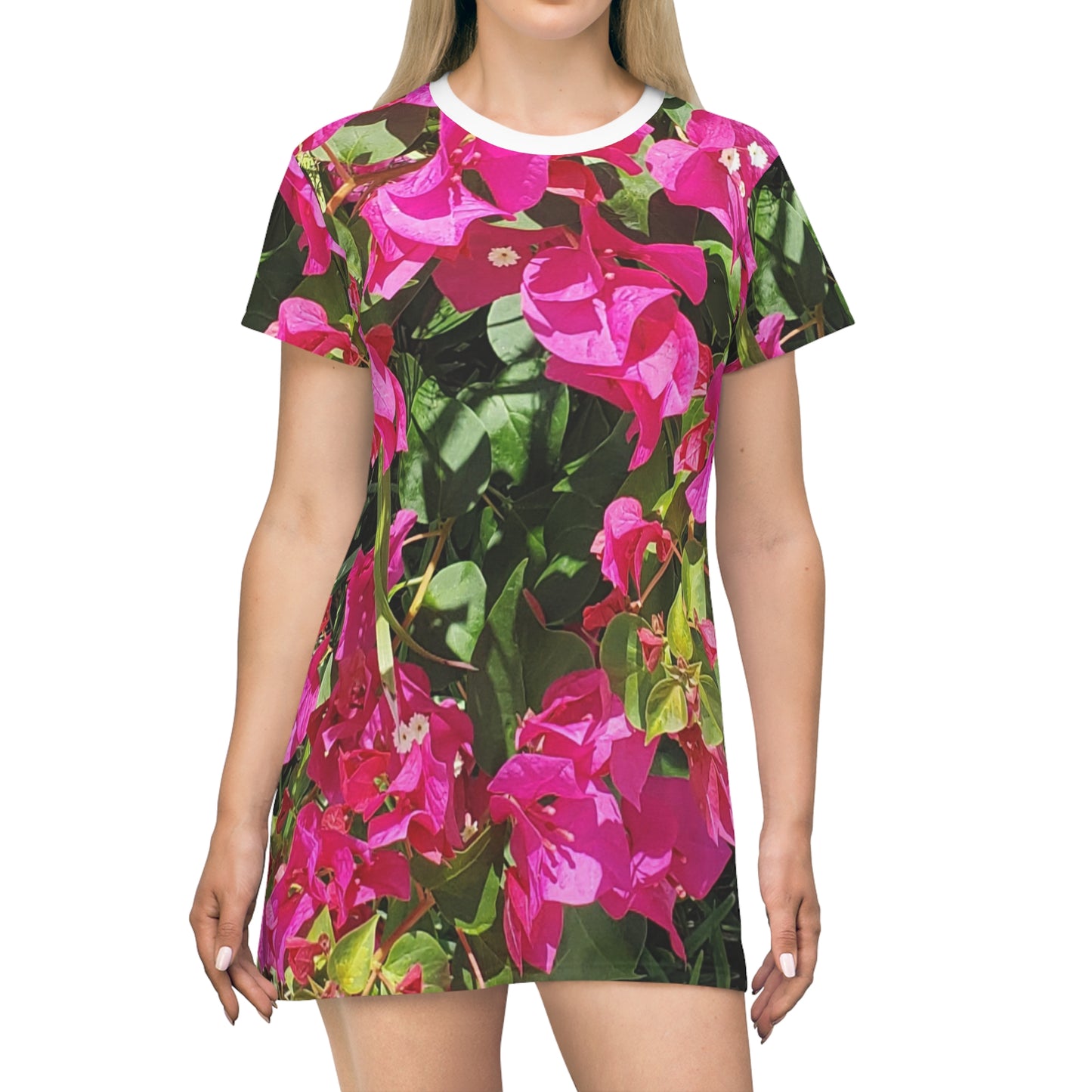 Hot Pink Bougainvillea All Over Print T-Shirt Skirt Dress for Women