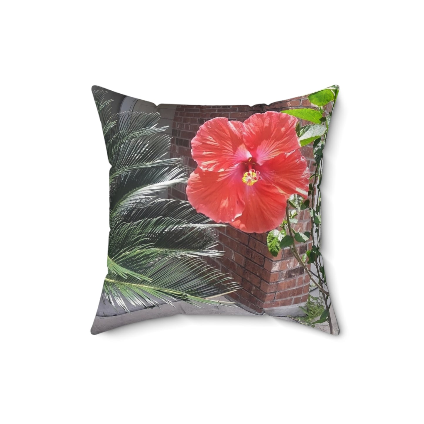 Spun Polyester Square Couch Pillow with Tropical Peach Flower Design