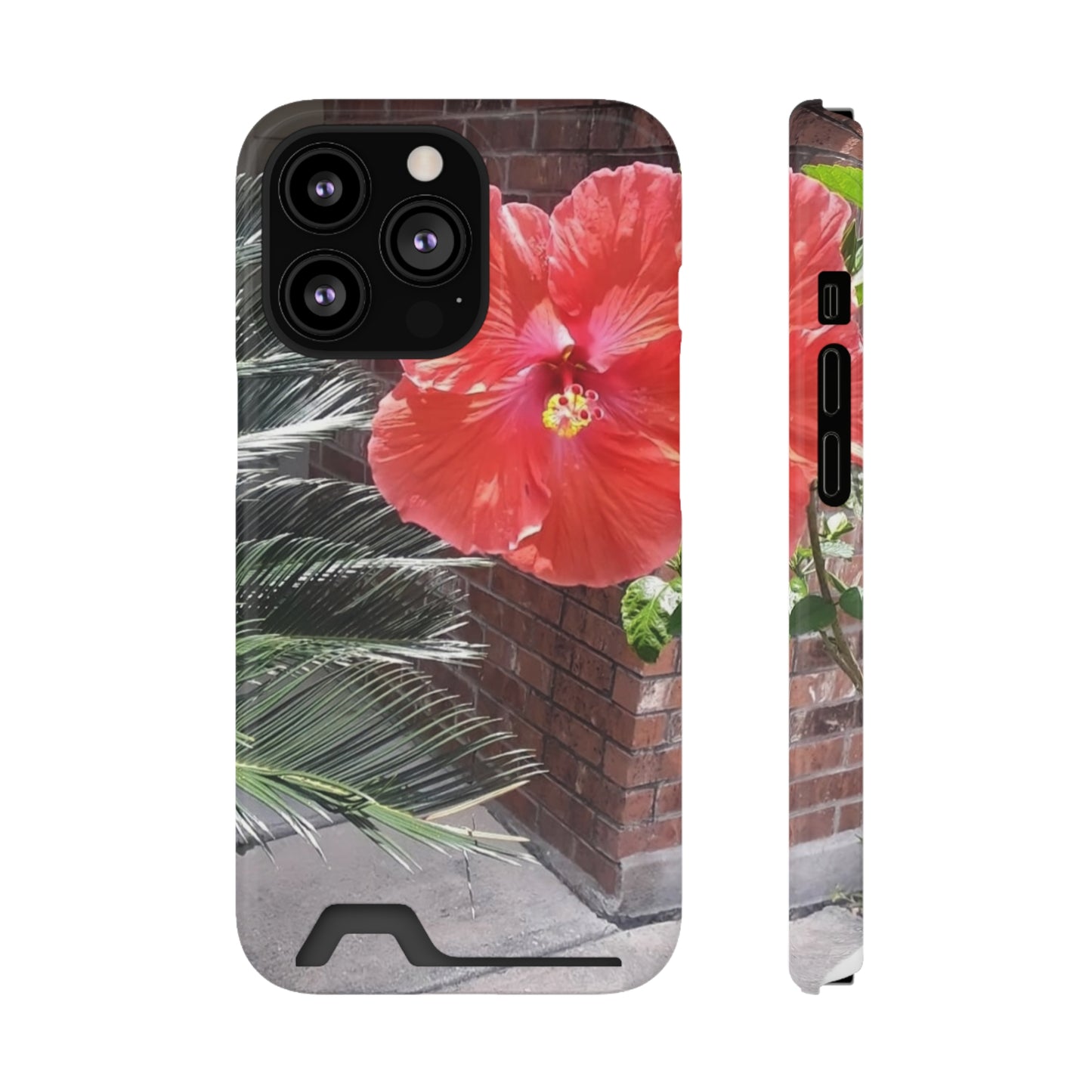 Phone Case With Card Holder with Peach Hibiscus Flower Design