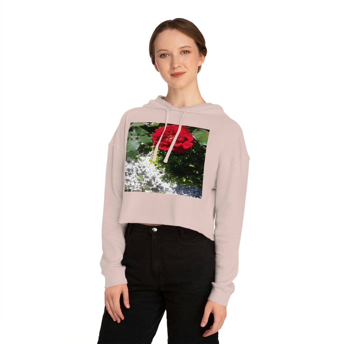 Women’s Cropped Hooded Sweatshirt with Europeana Red Rose Signature Print