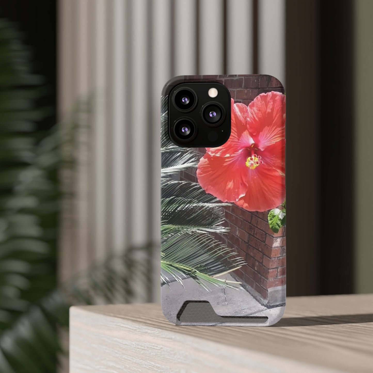 Phone Case With Card Holder with Peach Hibiscus Flower Design