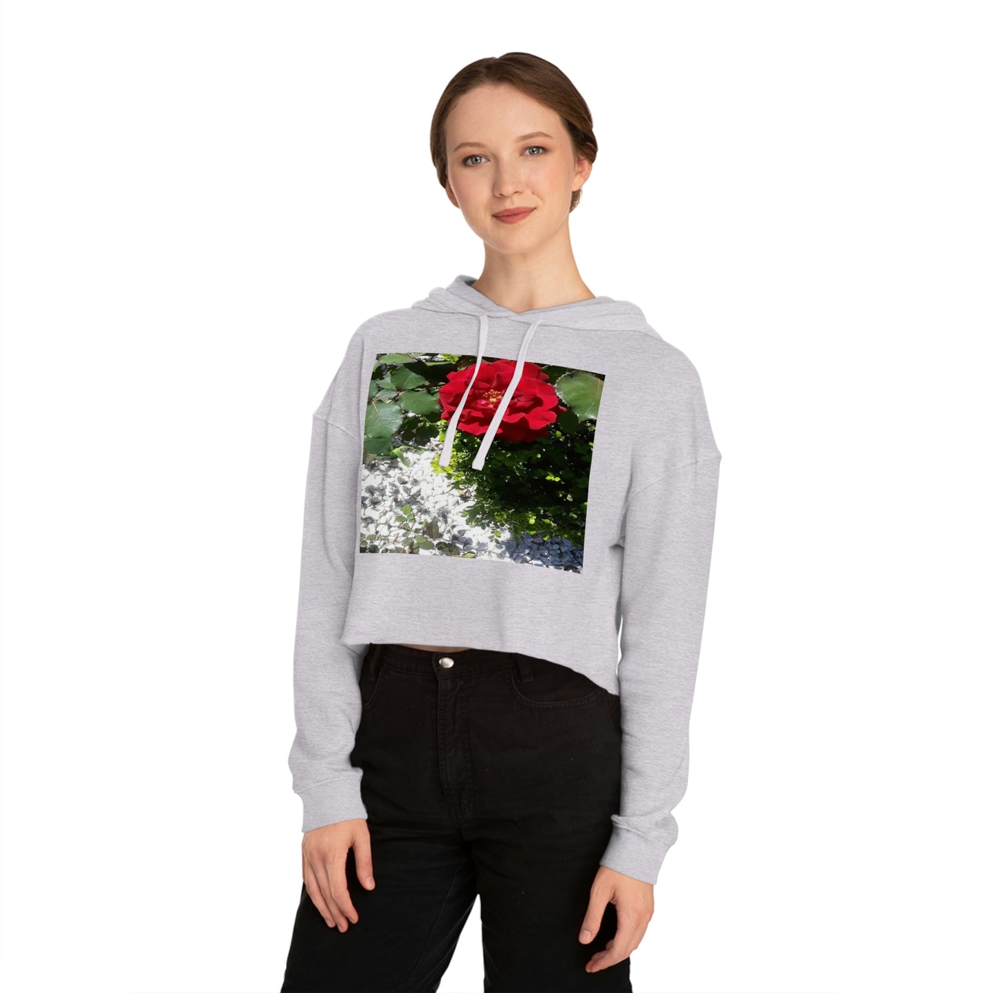 Women’s Cropped Hooded Sweatshirt with Europeana Red Rose Signature Print