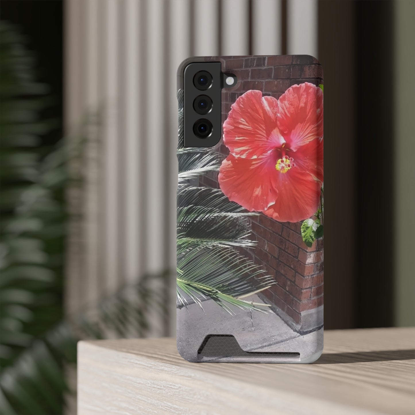 Phone Case With Card Holder with Peach Hibiscus Flower Design