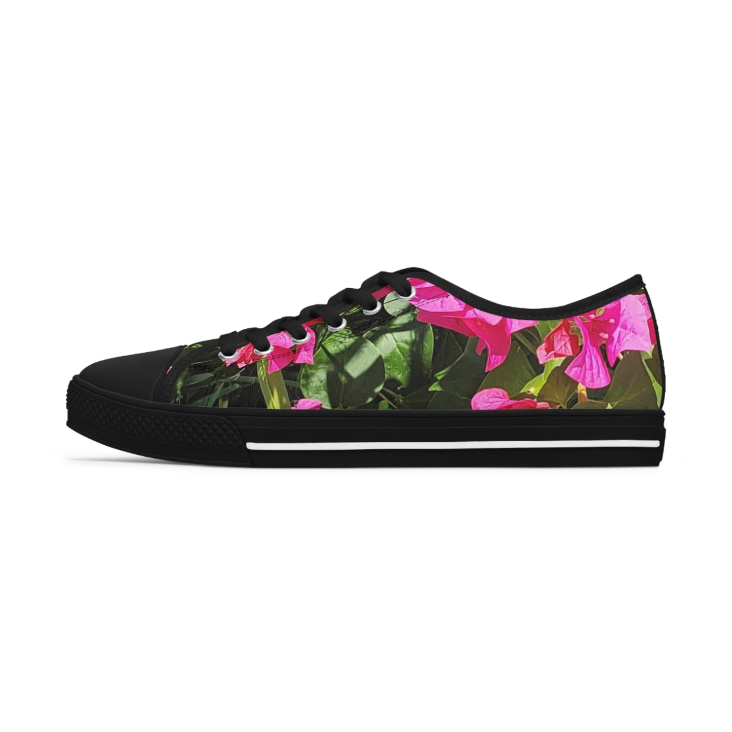 Women's Black Low Top Sneakers with Hot Pink Bougainvillea Design