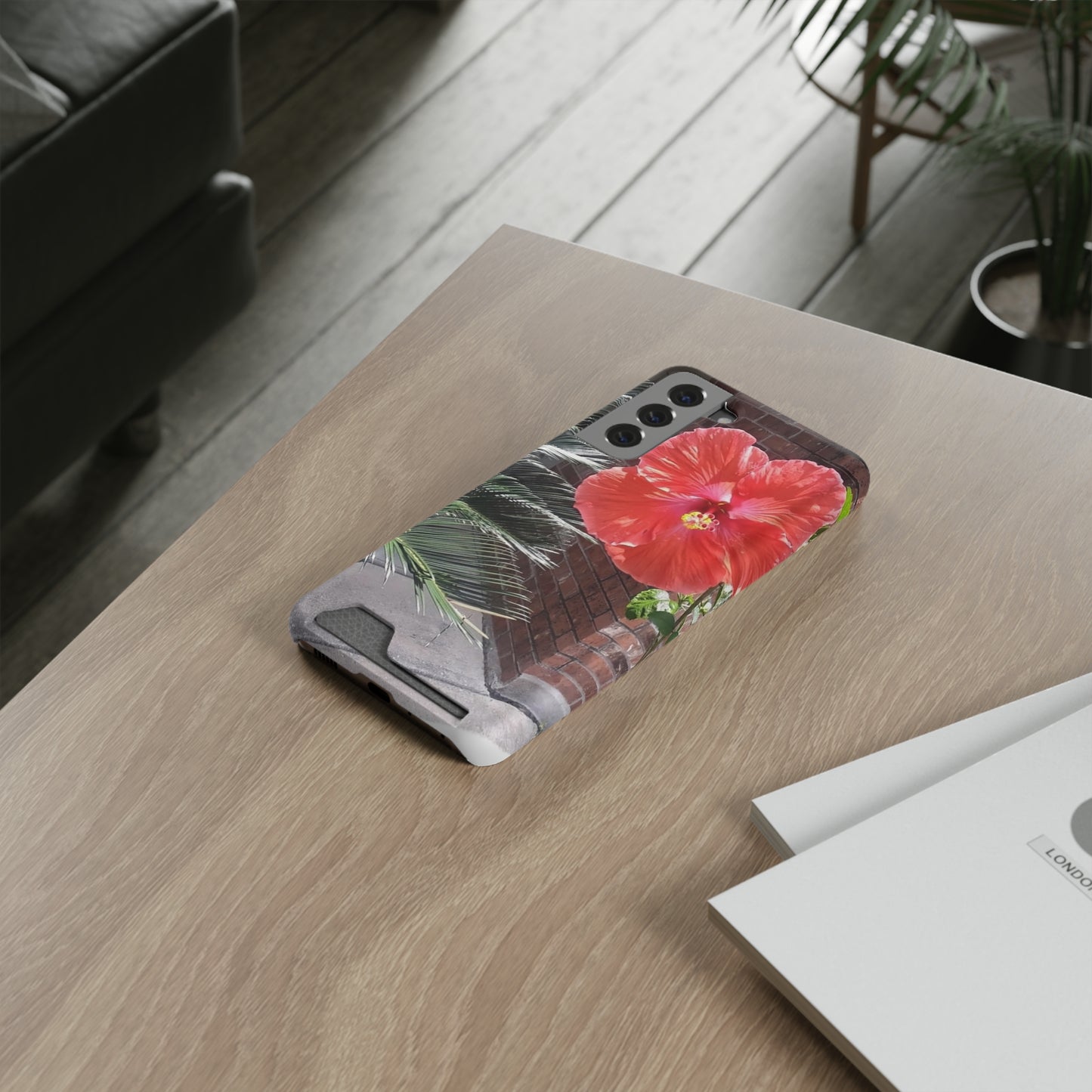 Phone Case With Card Holder with Peach Hibiscus Flower Design