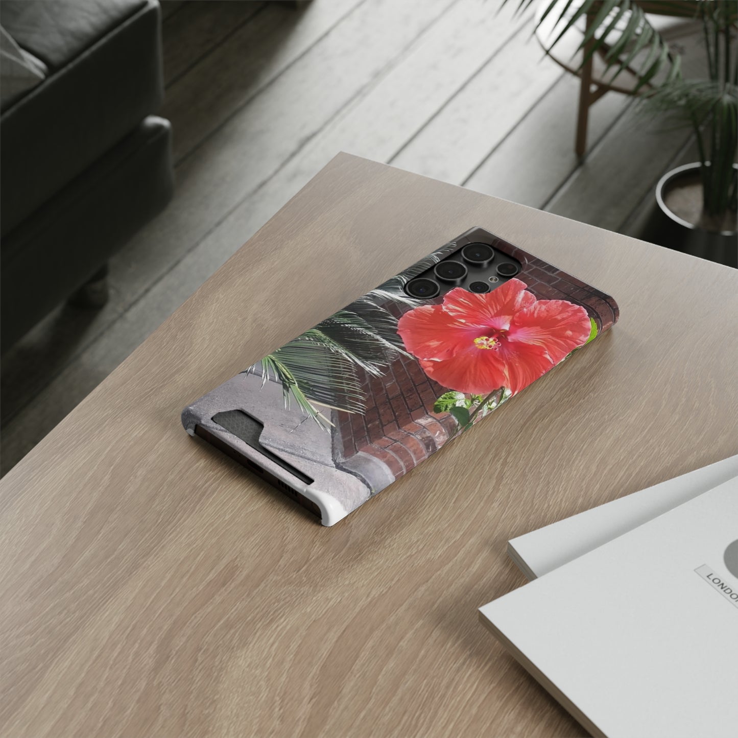 Phone Case With Card Holder with Peach Hibiscus Flower Design