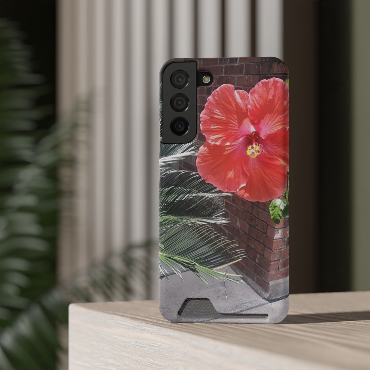Phone Case With Card Holder with Peach Hibiscus Flower Design