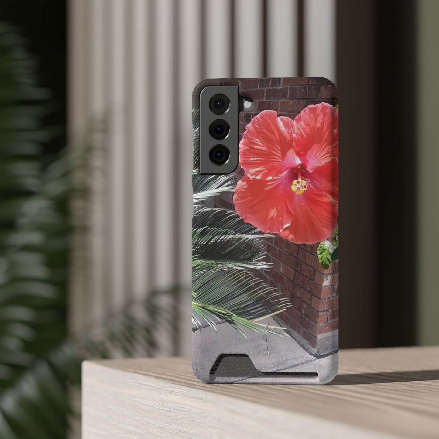Phone Case With Card Holder with Peach Hibiscus Flower Design