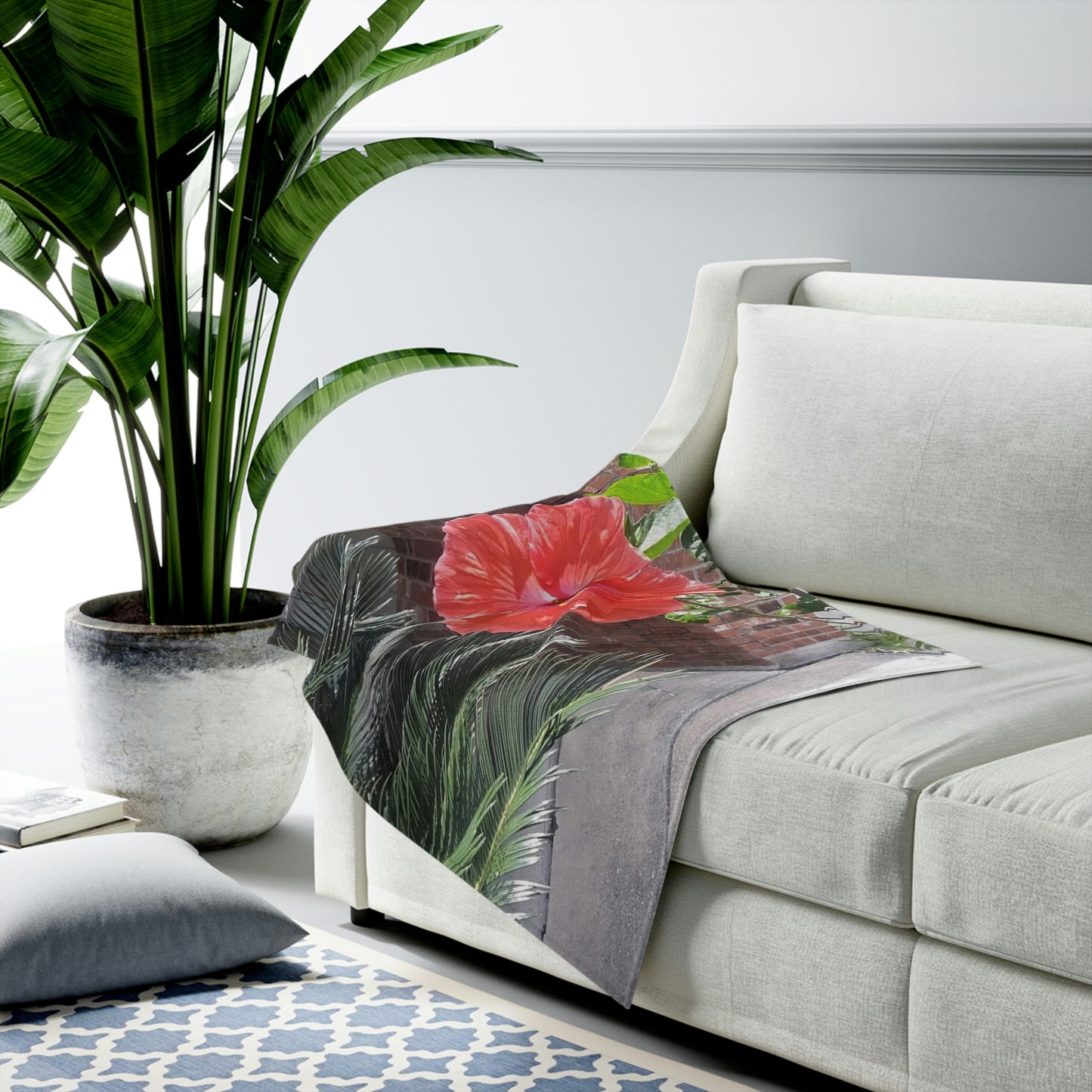 Velveteen Plush Blanket with Peach Hibiscus Flower Design